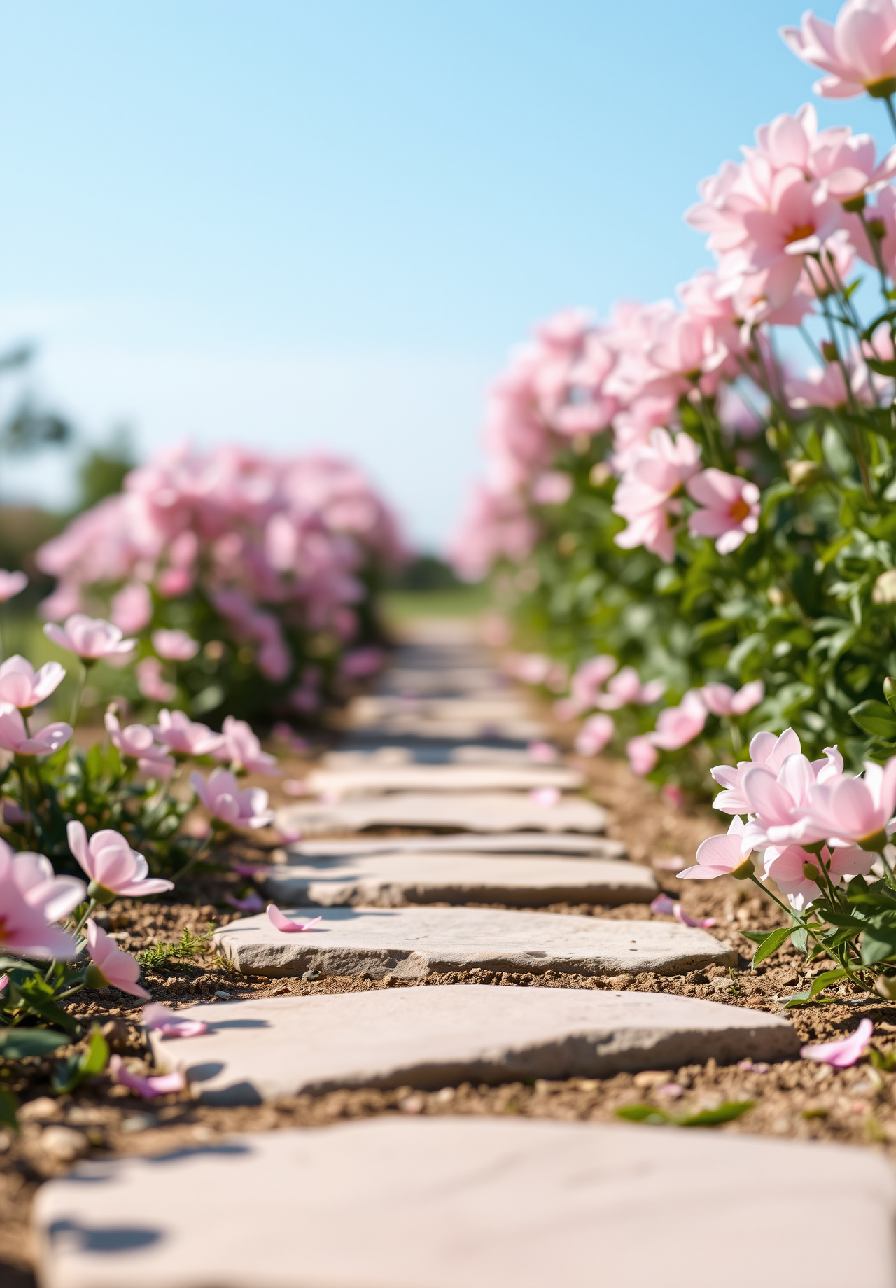 A stone path lined with pink flowers leads to the distance, bathed in bright sunlight, creating a fresh and natural scene. - wallpaper image