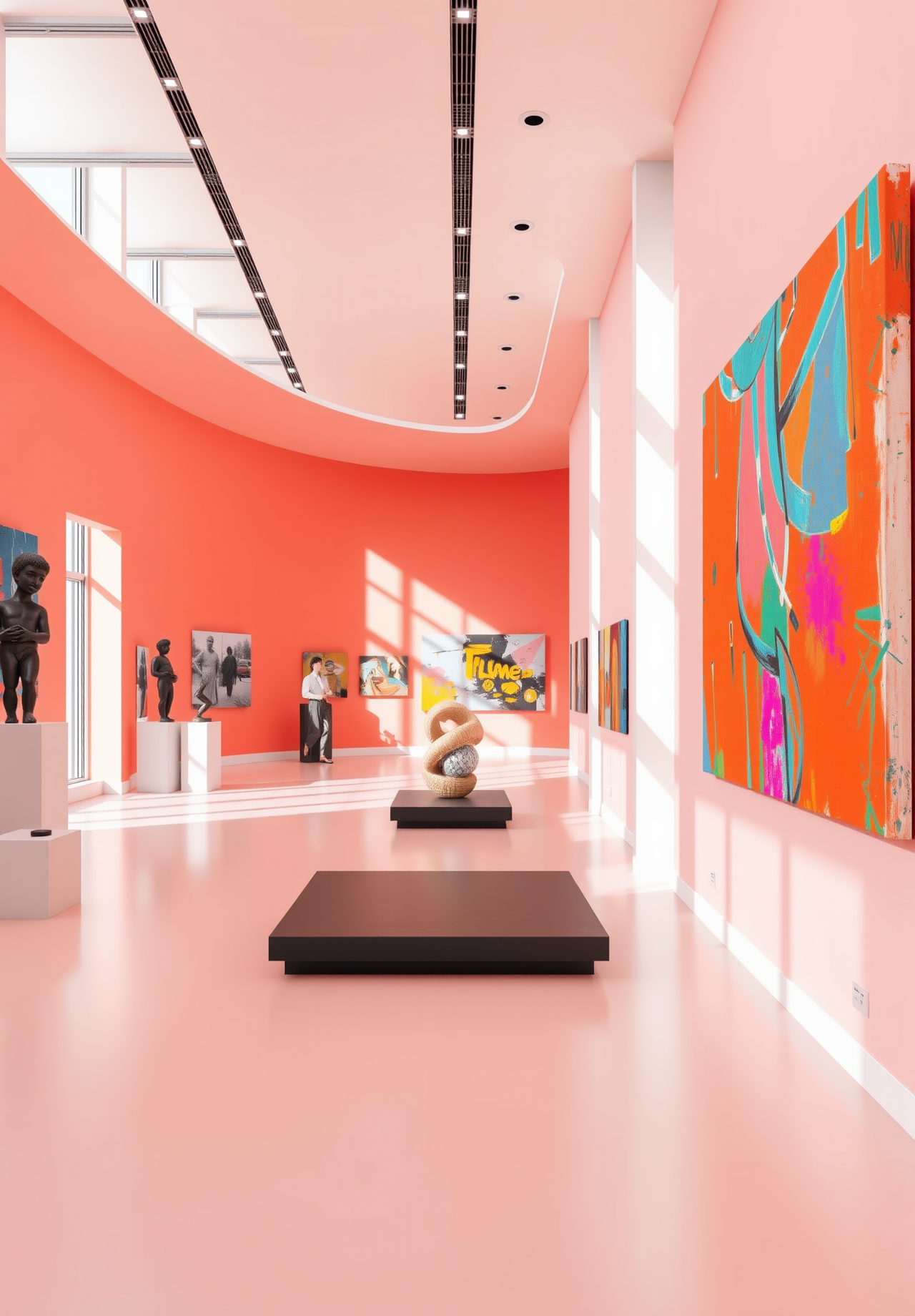 A pink-toned art gallery displaying a variety of art pieces, including sculptures, paintings, and more. - wallpaper image