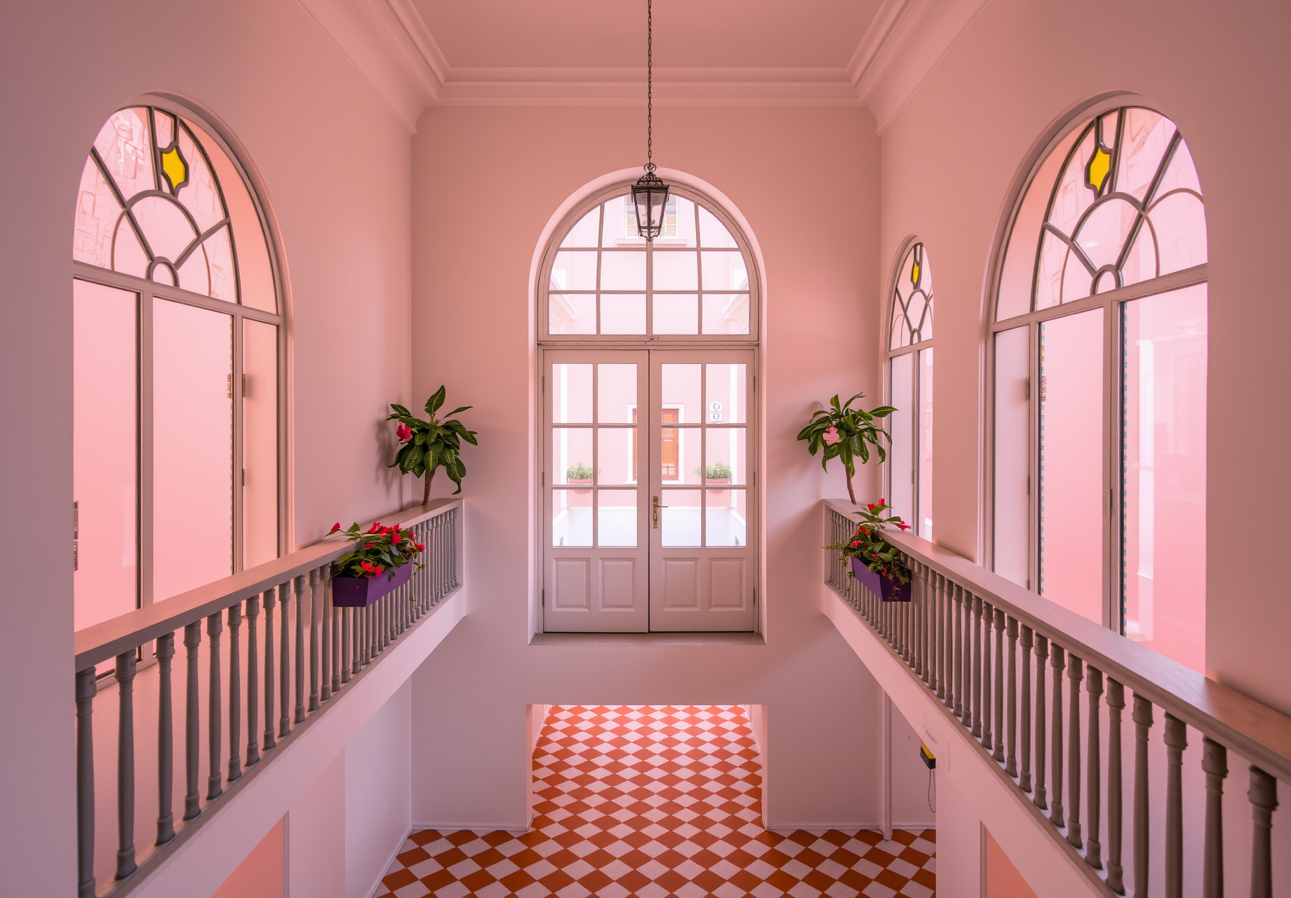 A pink hallway with arched windows, railings on both sides of the hallway, red and white checkered tiles on the floor, and a chandelier in the room. - wallpaper image