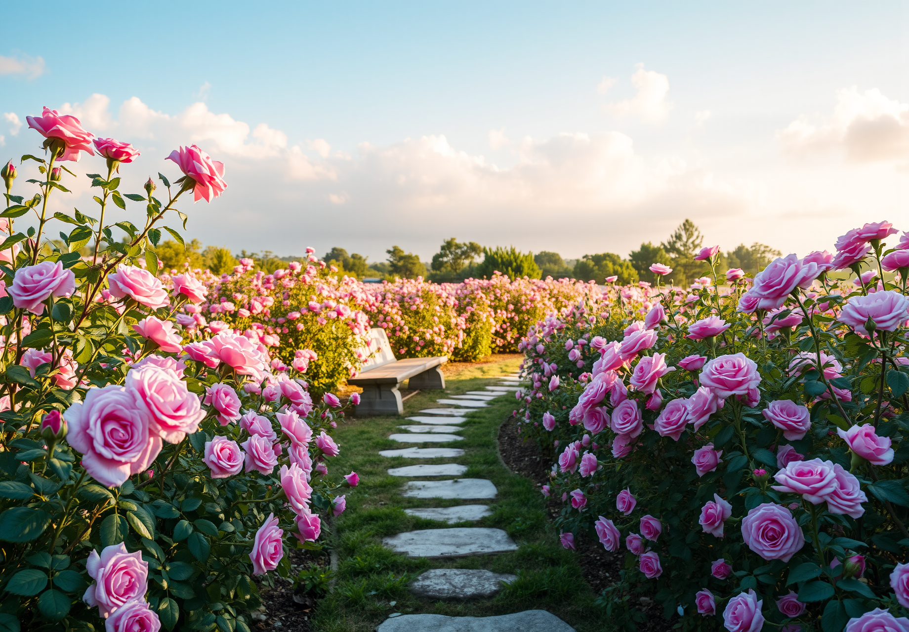 A rose garden with a stone path leading to a stone bench, surrounded by blooming pink roses, the sky is blue and the sun is shining. - wallpaper image