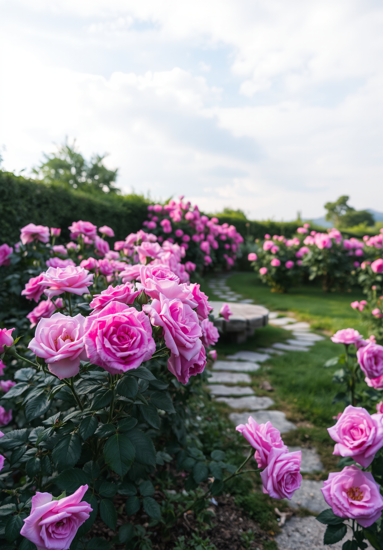 A stone path leads to the distance through a field of pink roses, green grass on either side of the path, and clouds in the sky. - wallpaper image