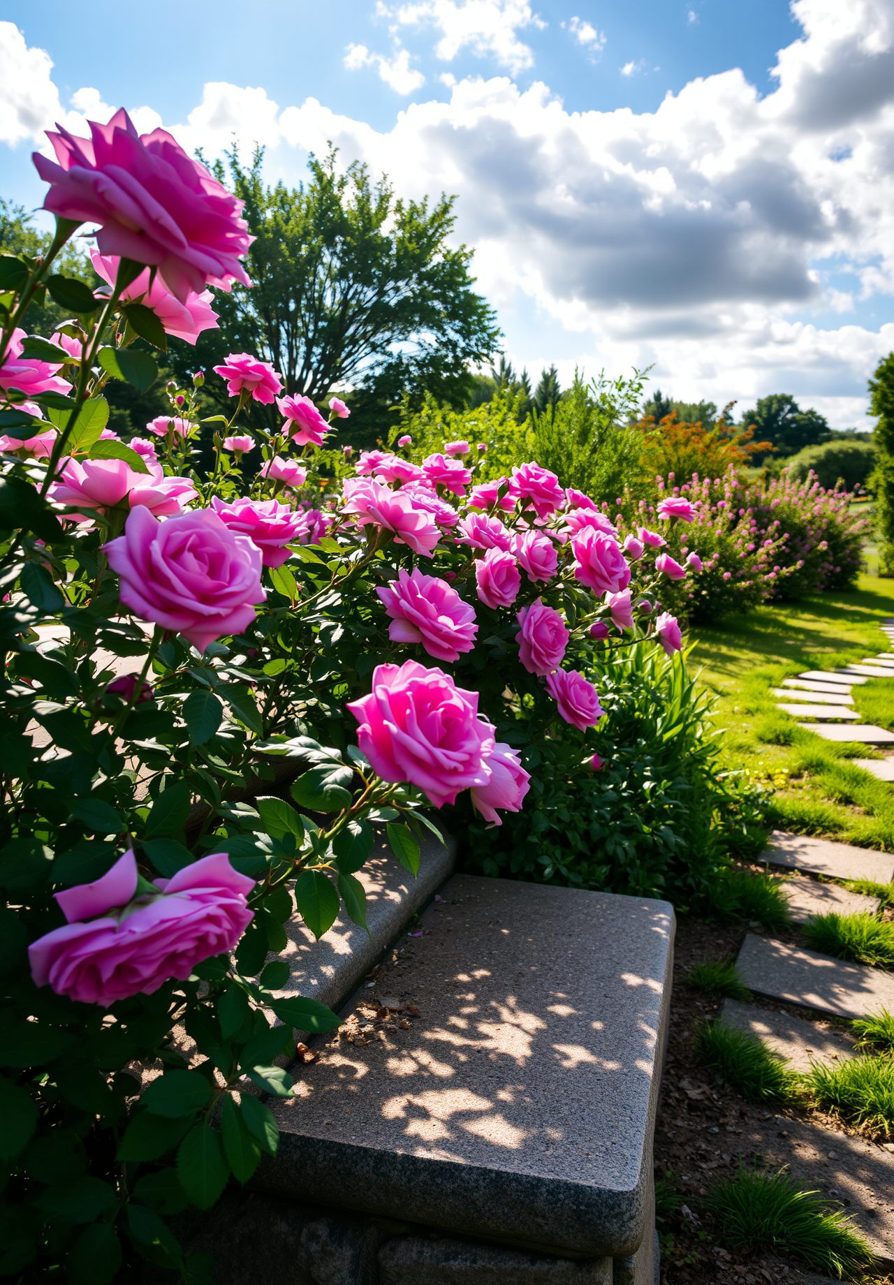 A row of pink rose bushes, with stone steps and green lawn next to it. It is sunny with white clouds in the sky. - wallpaper image