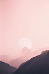 The mountains are layered under a pink sky, with a round sun/moon in the distance, it looks like sunrise/moonrise. - free wallpaper image