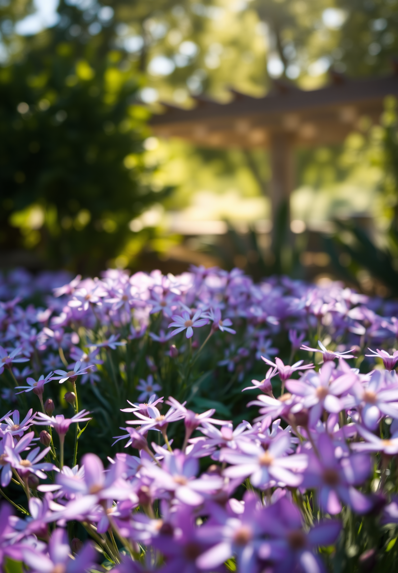 A close-up photo of purple flowers with a background of green trees and a wooden gazebo - wallpaper image