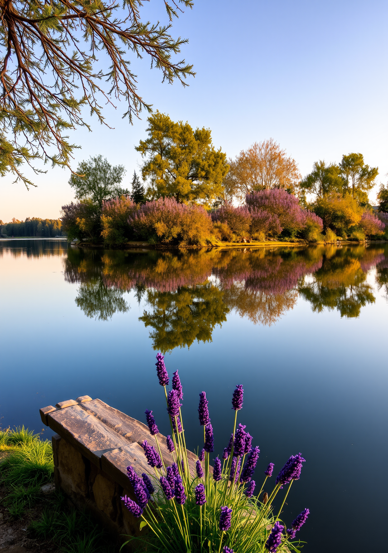 Purple flowers bloom on the shore of a calm lake, next to a wooden bench, reflecting the trees and sky. - wallpaper image