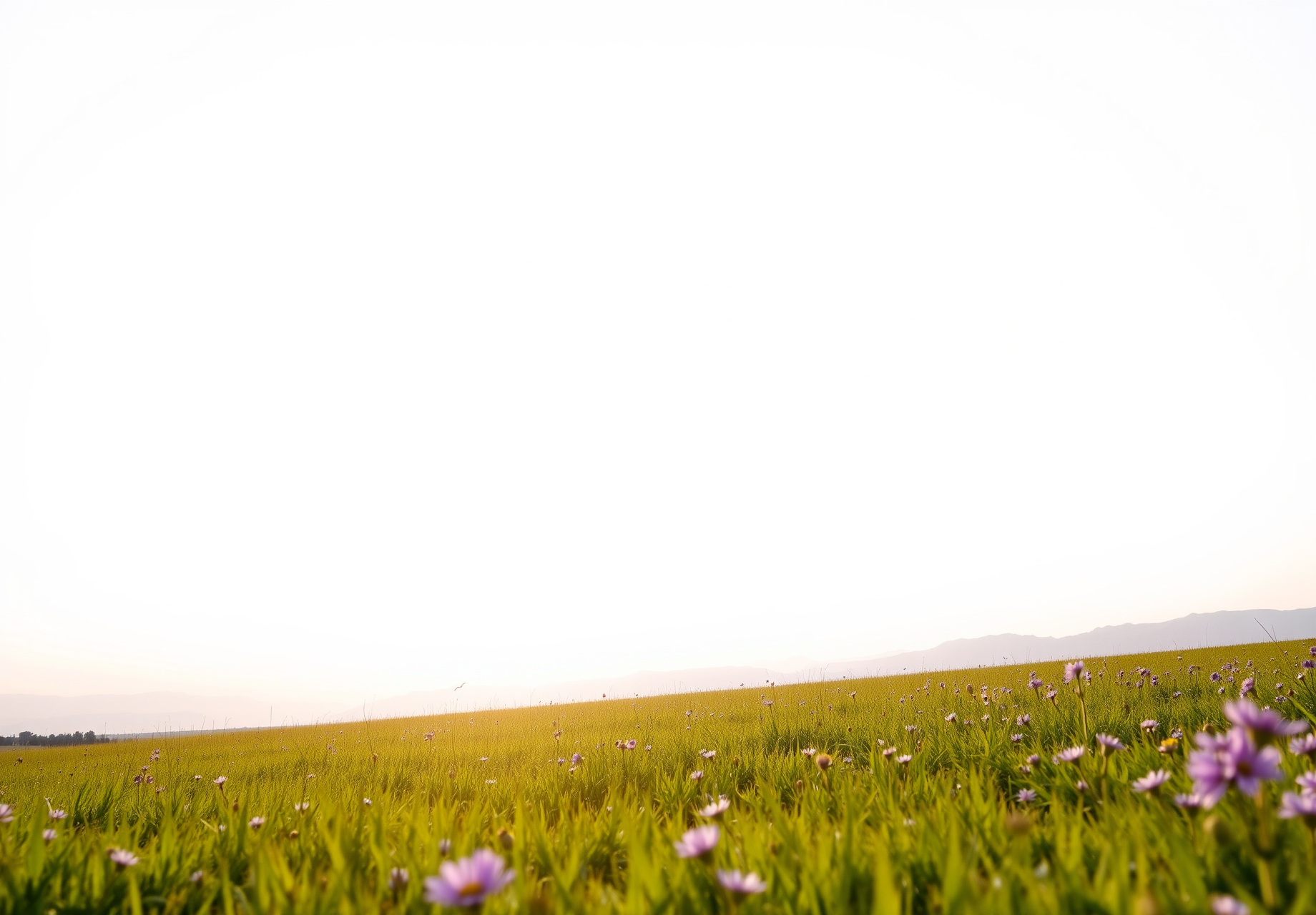 A vast field of grass with small purple flowers blooming, mountains in the distance, and a clear white sky. - wallpaper image