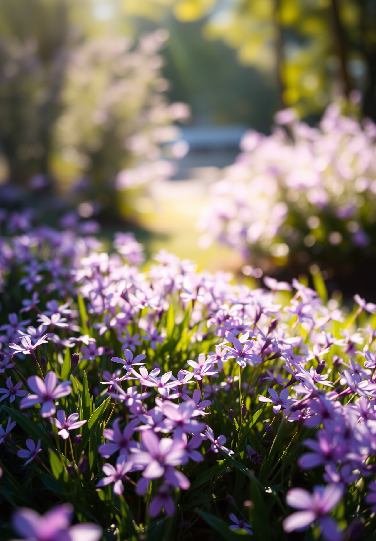 A cluster of purple flowers bloom in the sunlight, surrounded by green leaves, with a blurred background of green trees. - wallpaper image