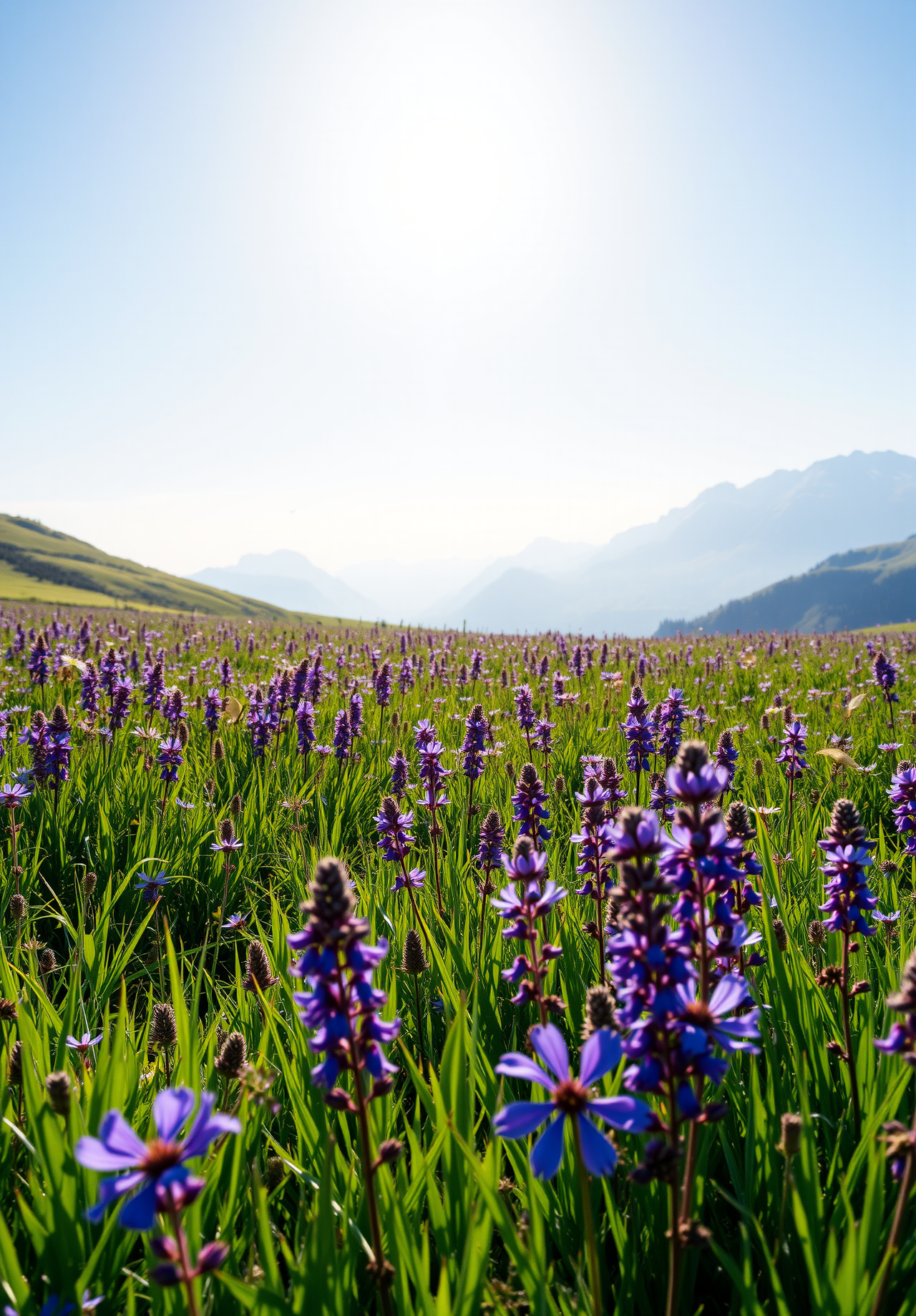 A wide field of purple and blue wildflowers bloom, with rolling hills in the distance, a clear blue sky and bright sunshine. - wallpaper image