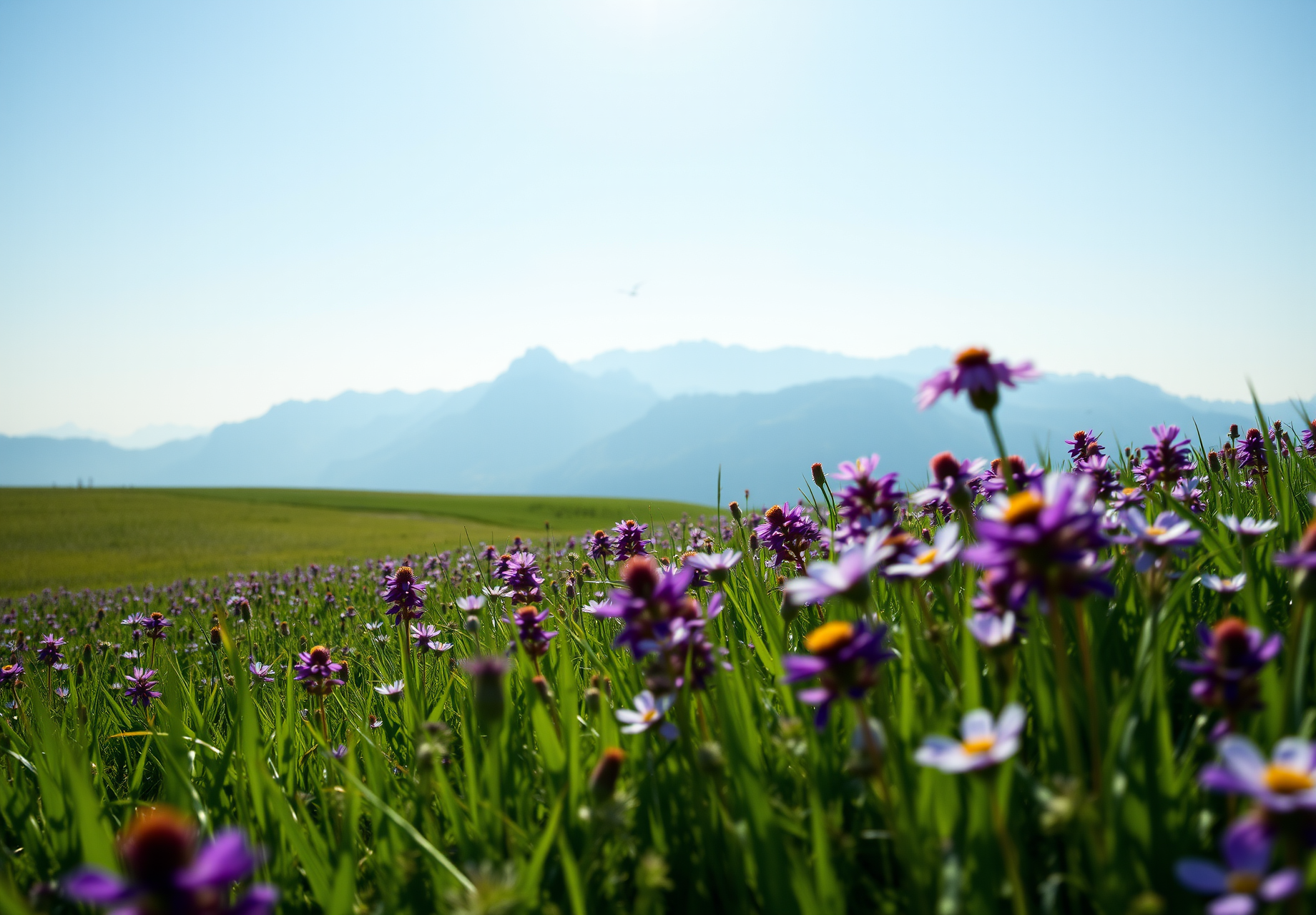 A field of purple wildflowers in a green field with mountains in the distance. - wallpaper image