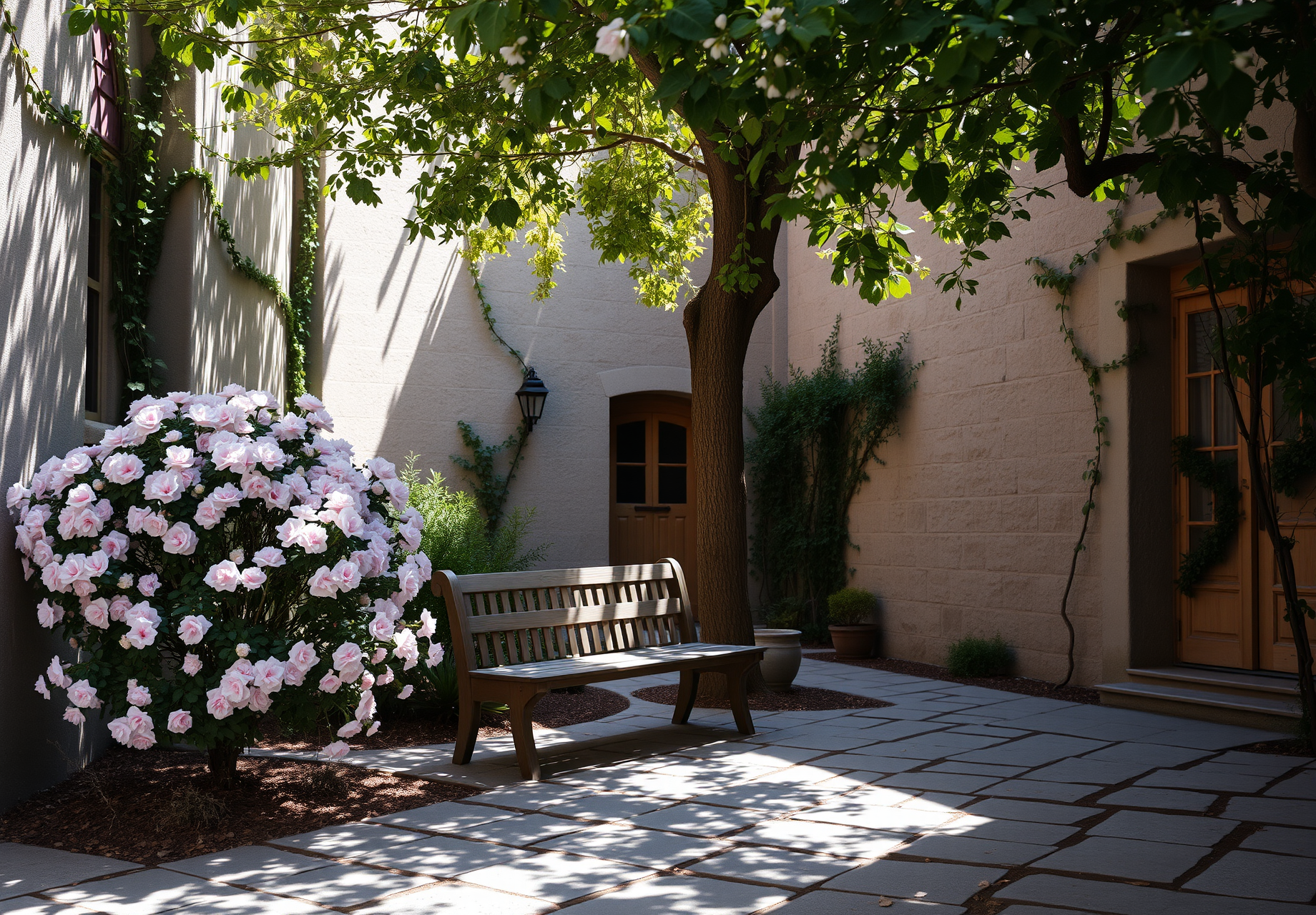 A quiet courtyard with green vines climbing the walls, a bush of pink roses in full bloom basking in the sun, and a wooden bench beside it, inviting you to sit down and enjoy the tranquility. - wallpaper image