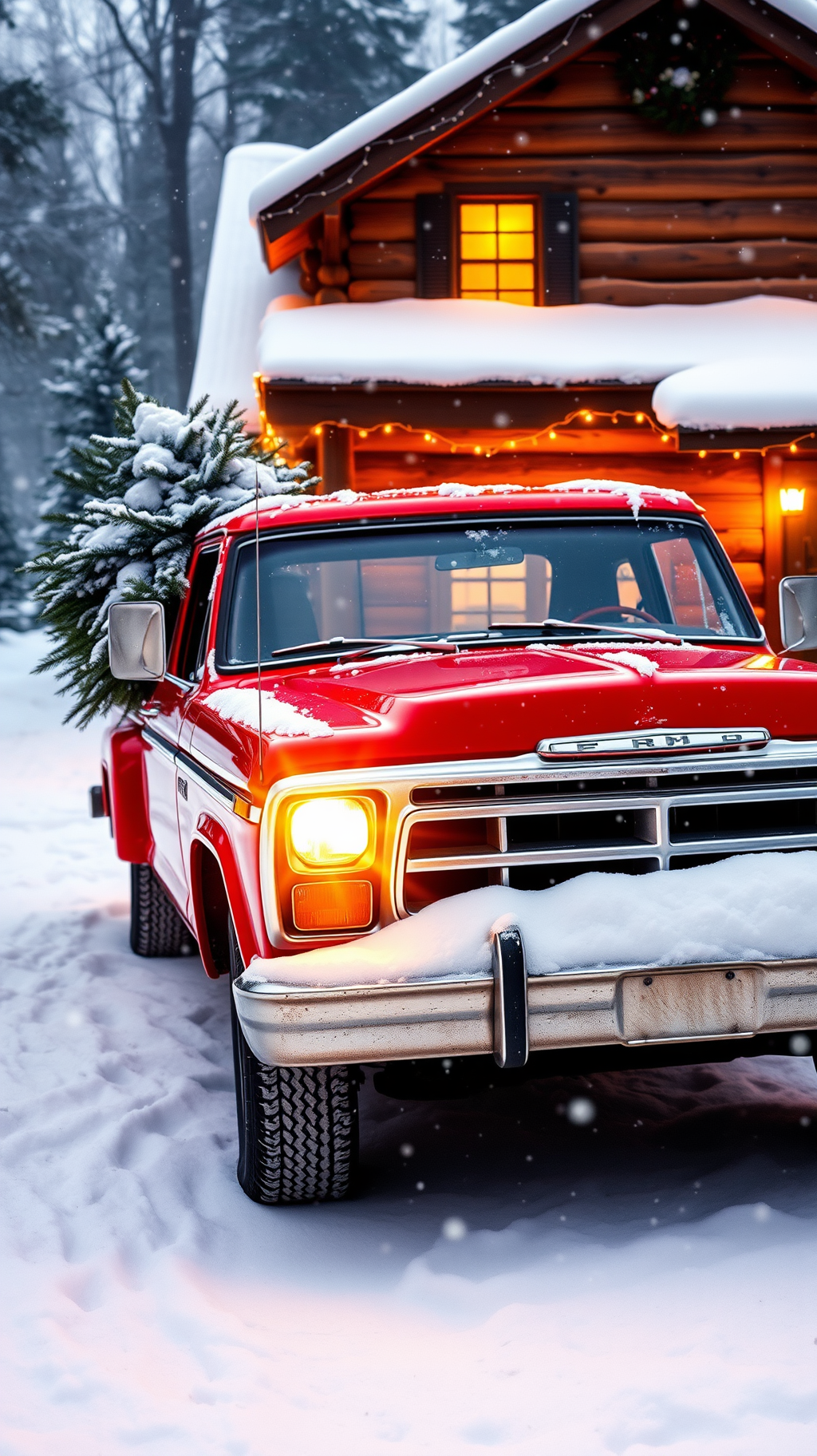 A red pickup truck is parked in the snow, with a Christmas tree in the bed, against the backdrop of a wooden house. - wallpaper image