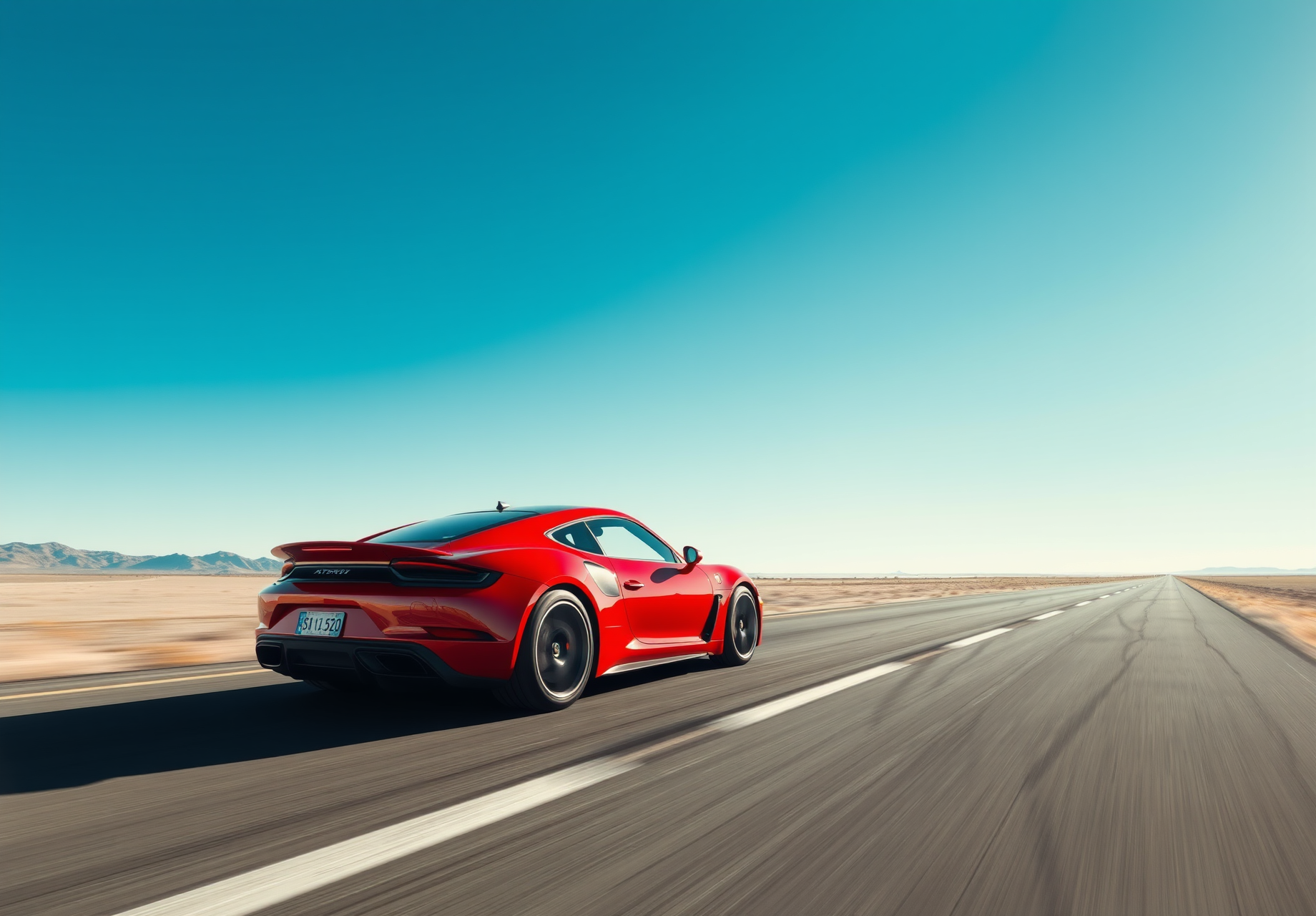 A red Porsche sports car speeds down a desert highway with blue sky and white clouds in the background. - wallpaper image