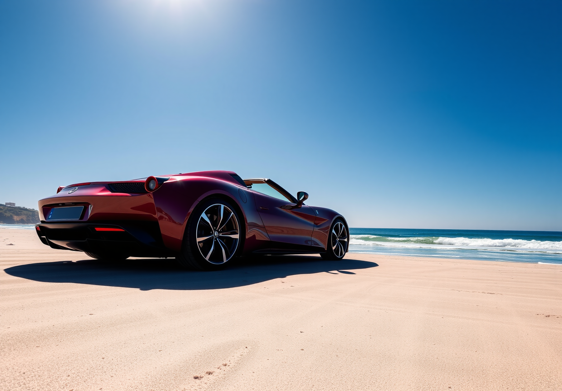 A red convertible sports car parked on the beach with blue sky and ocean in the background. - wallpaper image