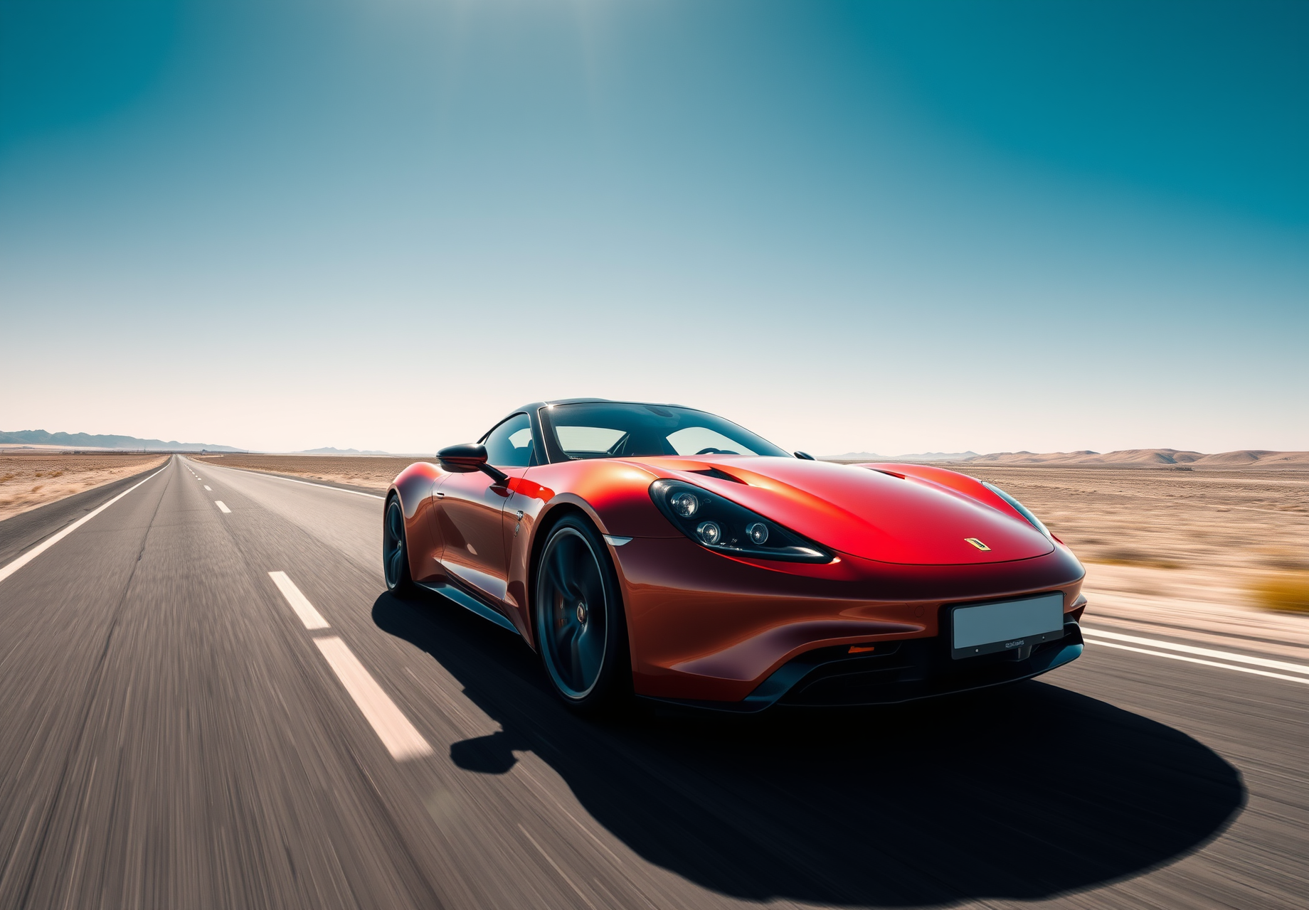 A red sports car speeding on the desert highway, blue sky and white clouds, the scenery is wide open. - wallpaper image