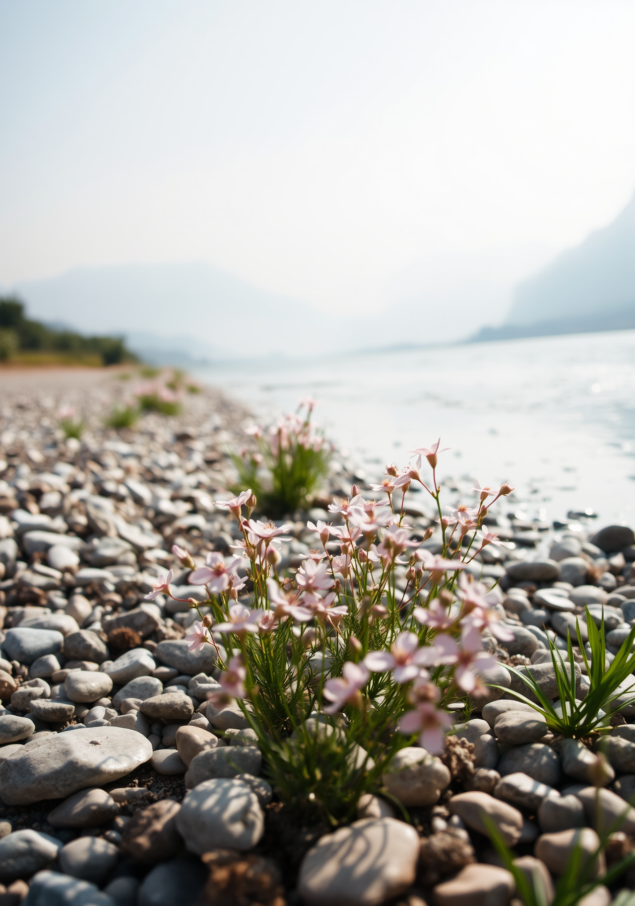 There are white pebbles on the riverbank, with some pink flowers growing between the stones, and there are distant mountains in the distance. - wallpaper image