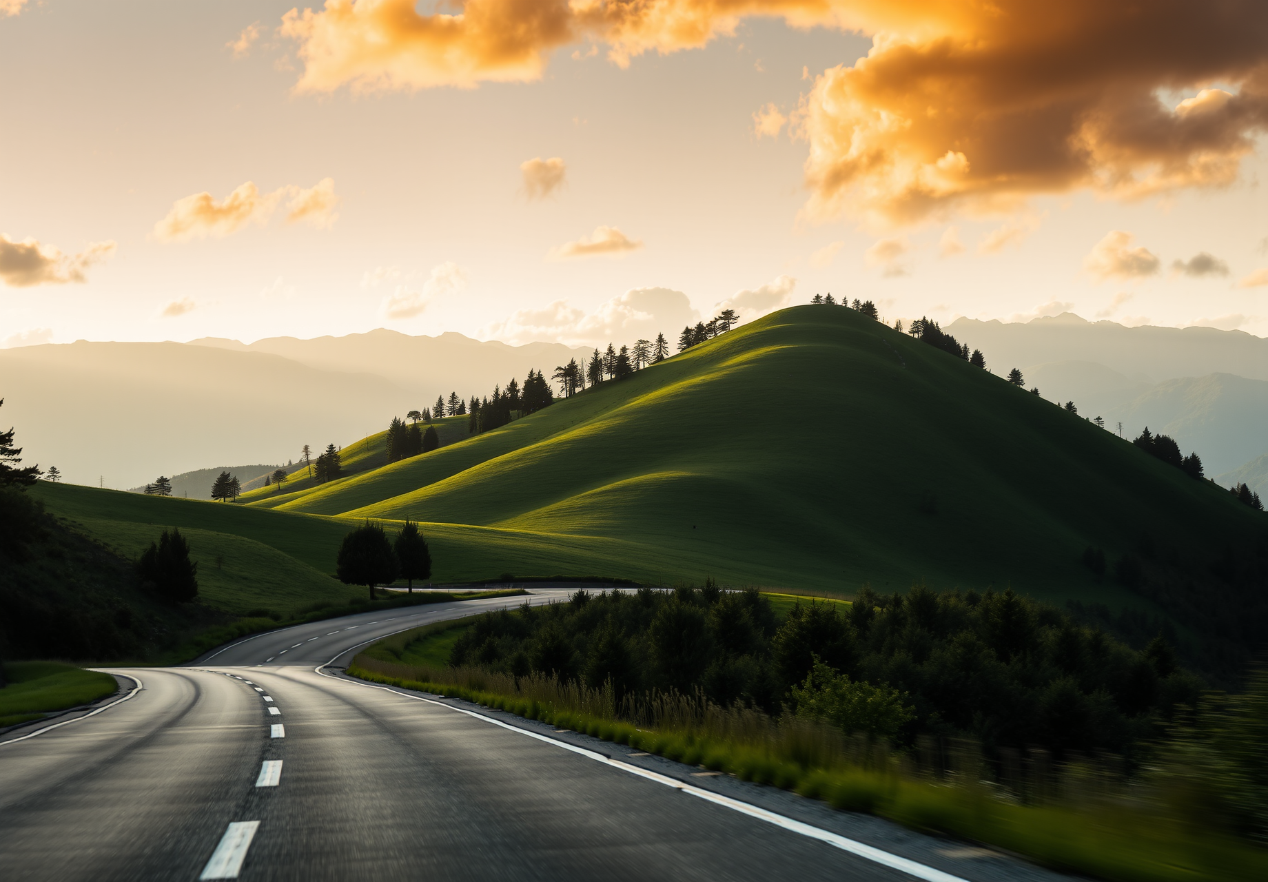 A winding road goes through green hills, the distant mountains are covered with clouds, and the afterglow of the setting sun falls on the hillside. - wallpaper image