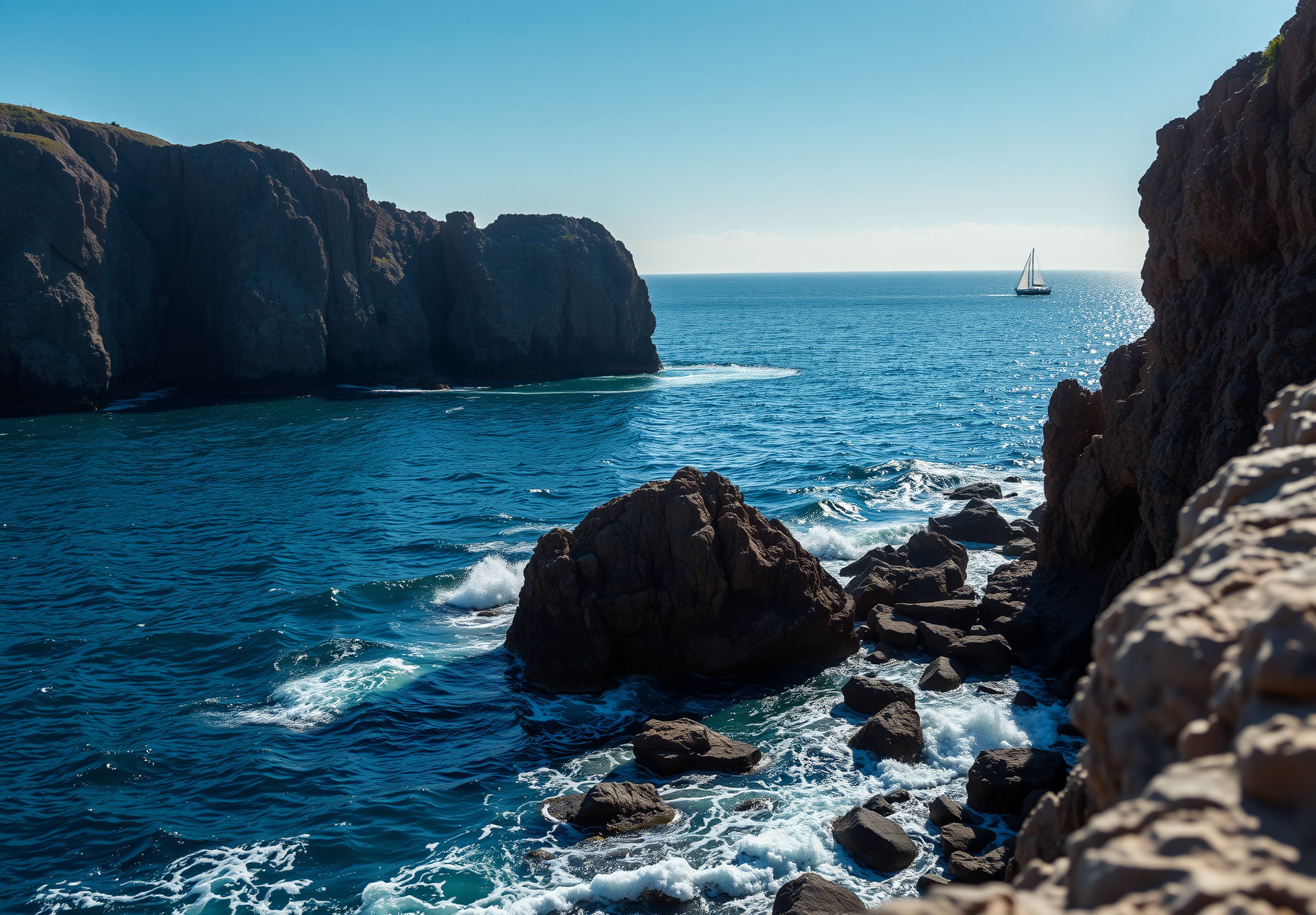 From above, between the rocky cliffs, waves crash against the rocks, and a sailboat sails on the sea in the distance. - wallpaper image