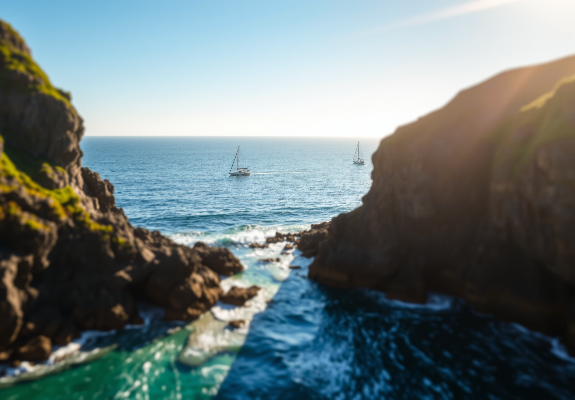 Two sailboats are sailing on the blue sea, the sun shines on the sea, and the waves are sparkling, looking out from the gap in the rocks. - wallpaper image