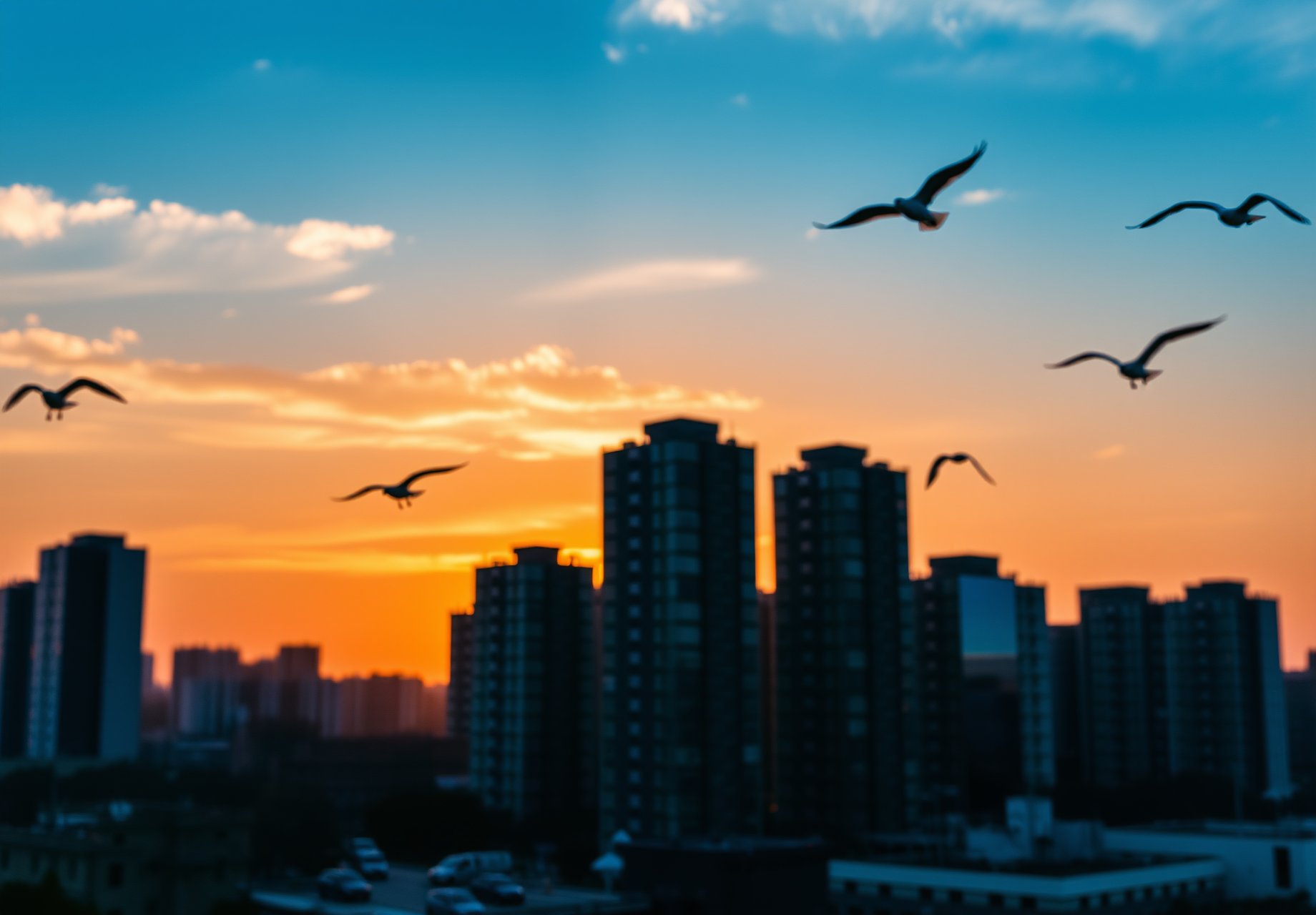 Several seagulls fly over the city against the backdrop of a sunset, with tall buildings silhouetted against the fading light. - wallpaper image