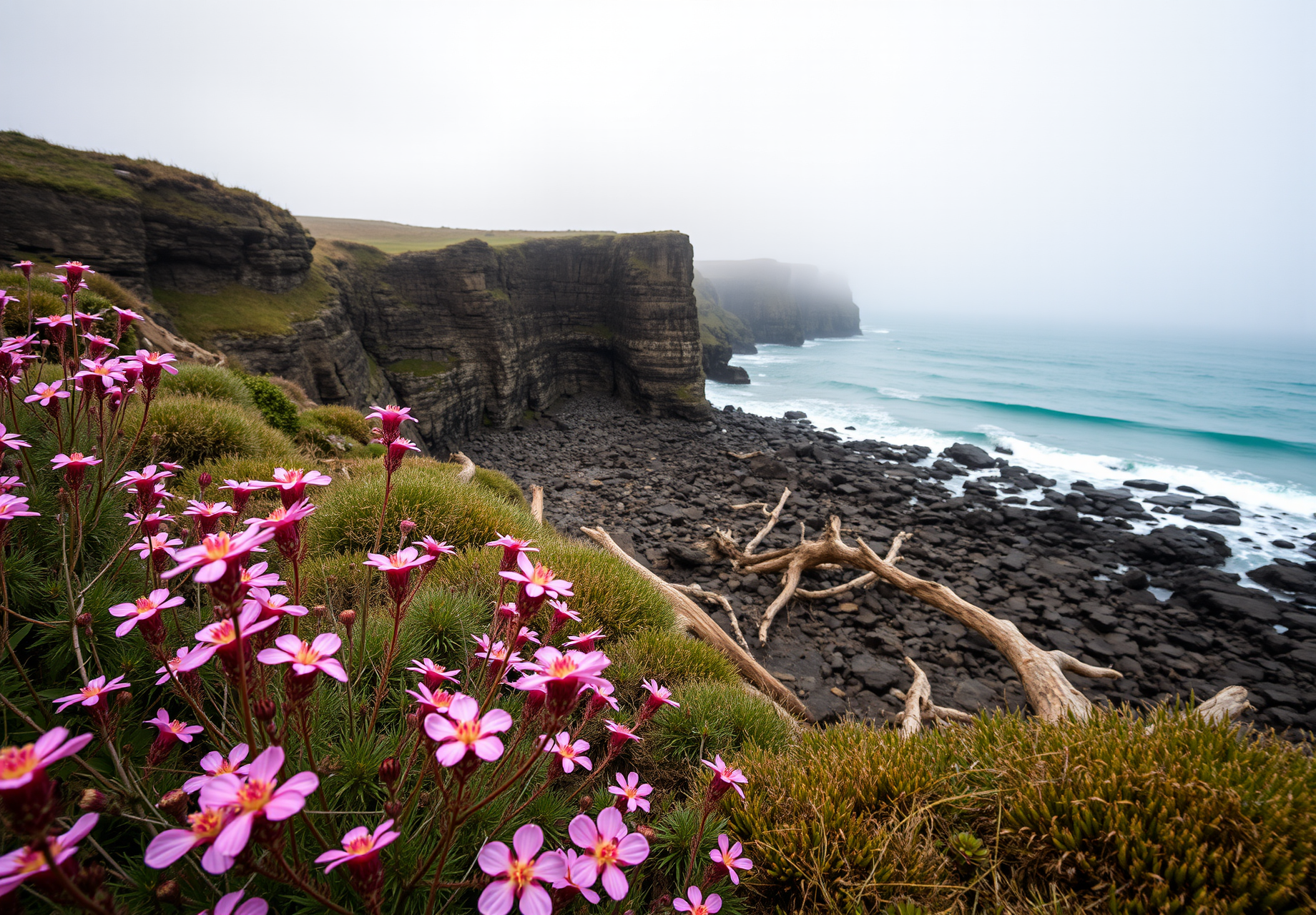 Pink flowers bloom on the shore, black rocks by the sea, tall cliffs in the distance, the sky is shrouded in fog. - wallpaper image