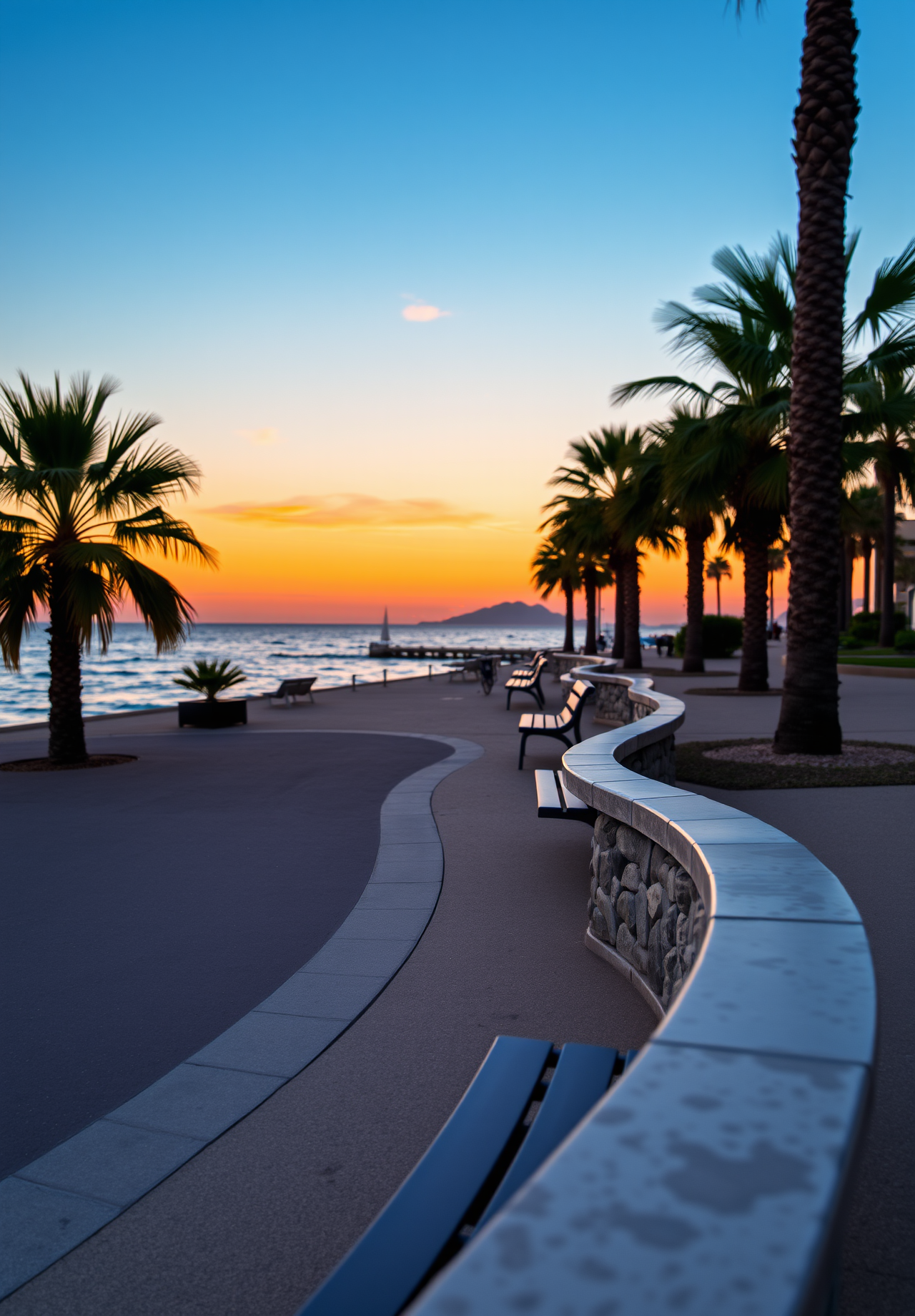 Palm trees line a walkway by the sea at sunset, with stone-paved curved paths and benches along the way, a beautiful scenery. - wallpaper image