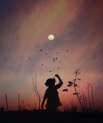 A girl is running in the sunset, her hair is flying, there are birds flying behind her, the sky is orange and pink, the moon is high in the sky. - free wallpaper image