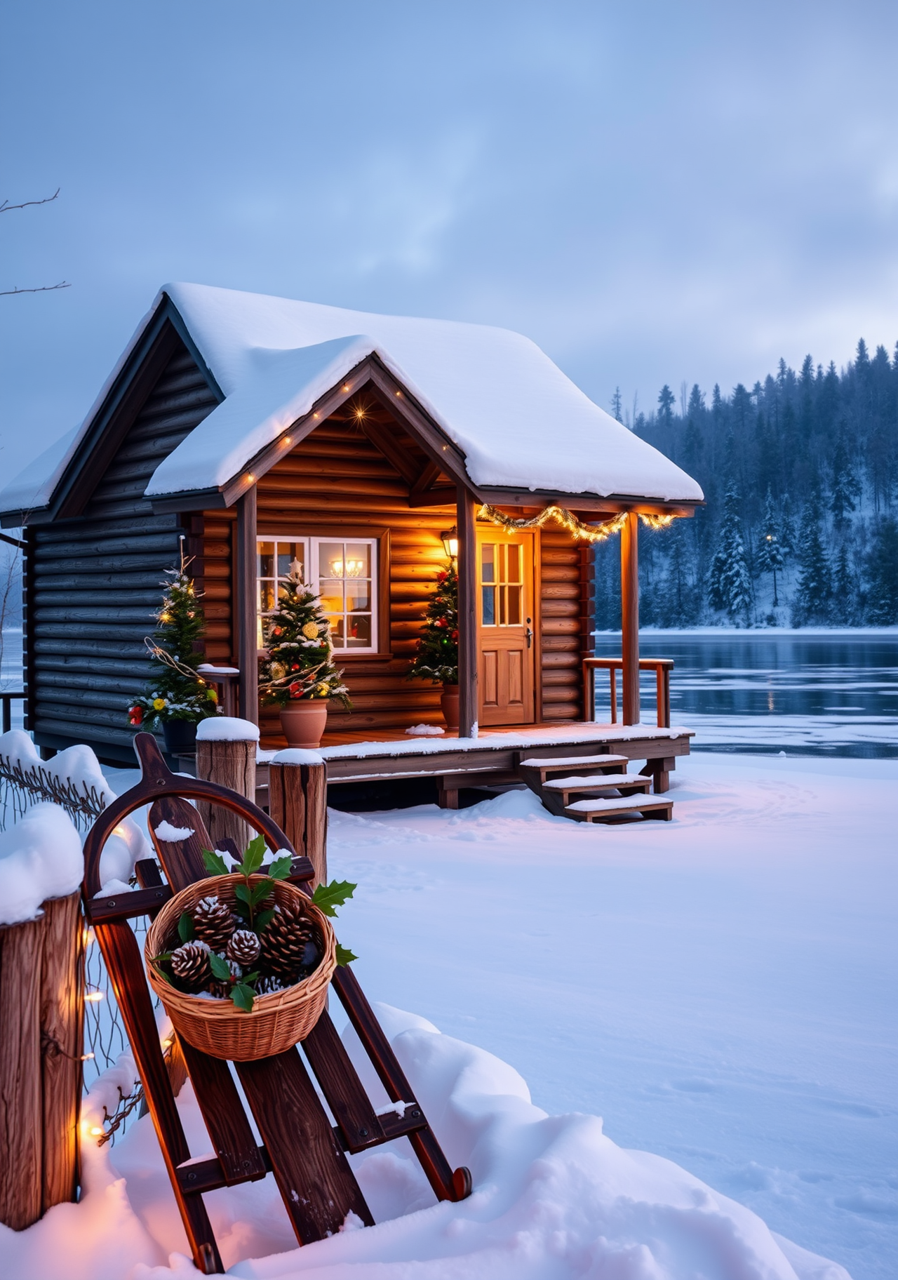 A wooden cabin covered in snow, with colorful lights hanging on the door, warm lights inside, a sled in front of the door, next to pine cones and green leaves. - wallpaper image