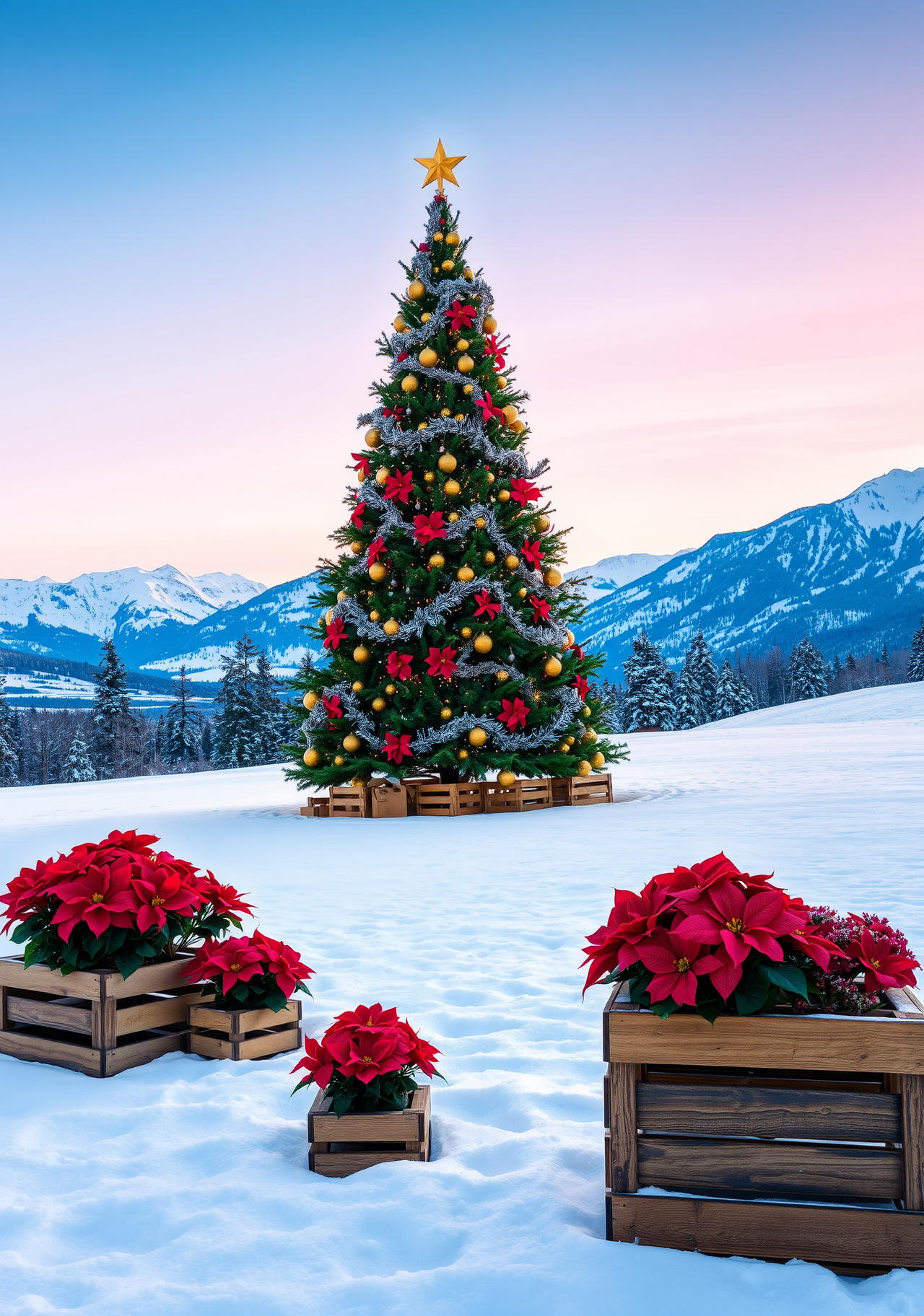 A Christmas tree decorated with golden balls and red flowers in the snow, with wooden boxes underneath and red flower decorations around it. - wallpaper image