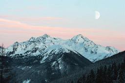 The snow-capped mountain peaks are covered in white snow, the slopes are covered in trees, the sky is pink, and the moon is hidden in the clouds. - free wallpaper image