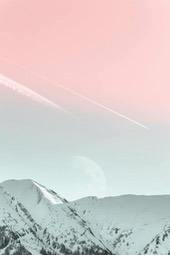 Snowy mountain peaks, pink sky with moon and contrails - free wallpaper image