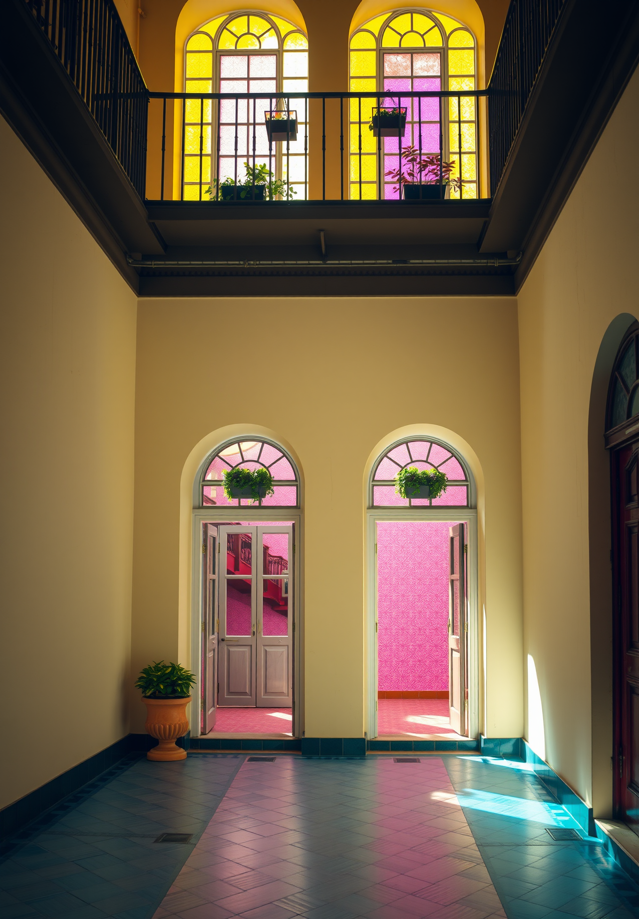 A hallway with stained glass windows, sunlight shines through the windows, casting shadows on the floor. - wallpaper image