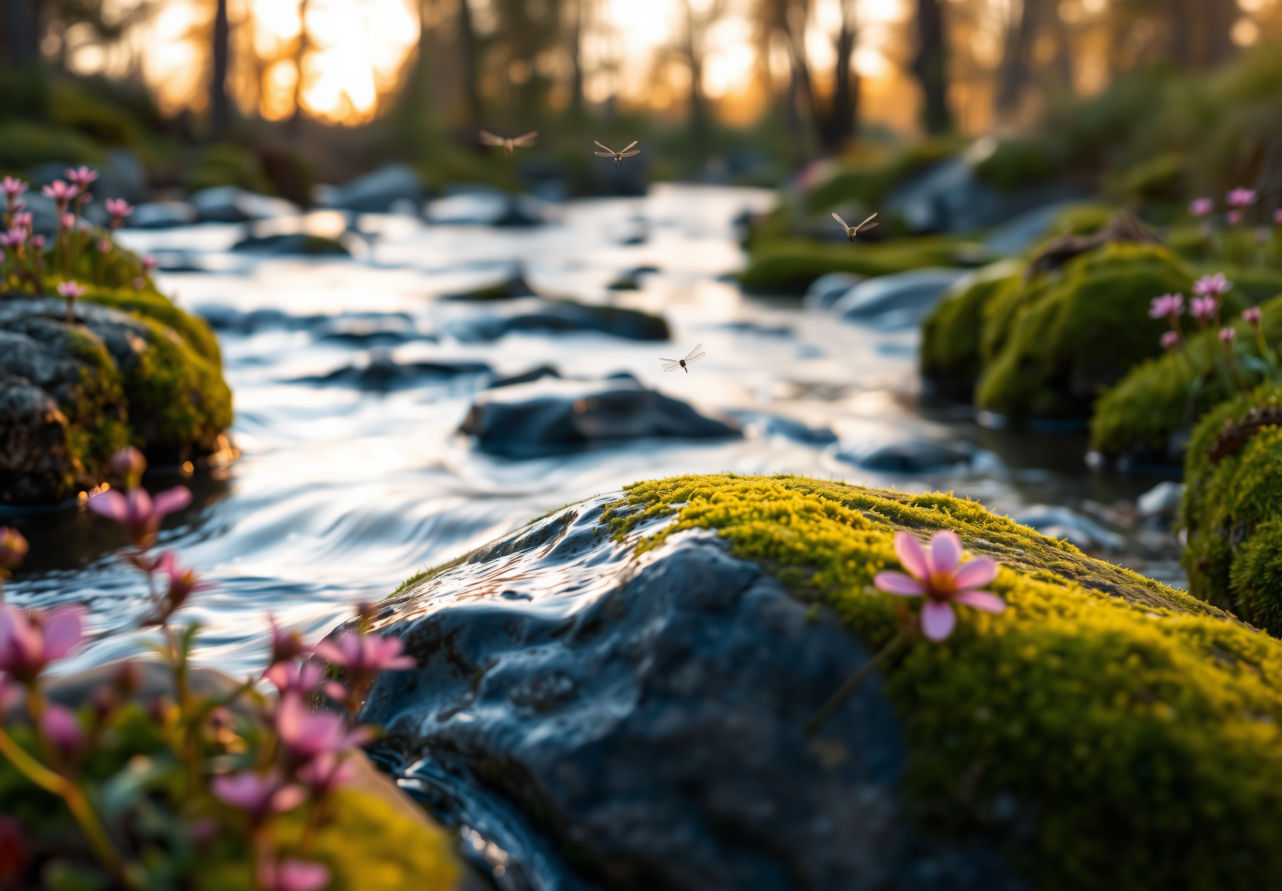 A stream flows over moss-covered rocks, with a few dragonflies flying overhead, pink flowers blooming nearby, the setting sun casts a warm glow on the scene, creating a peaceful and serene atmosphere. - wallpaper image