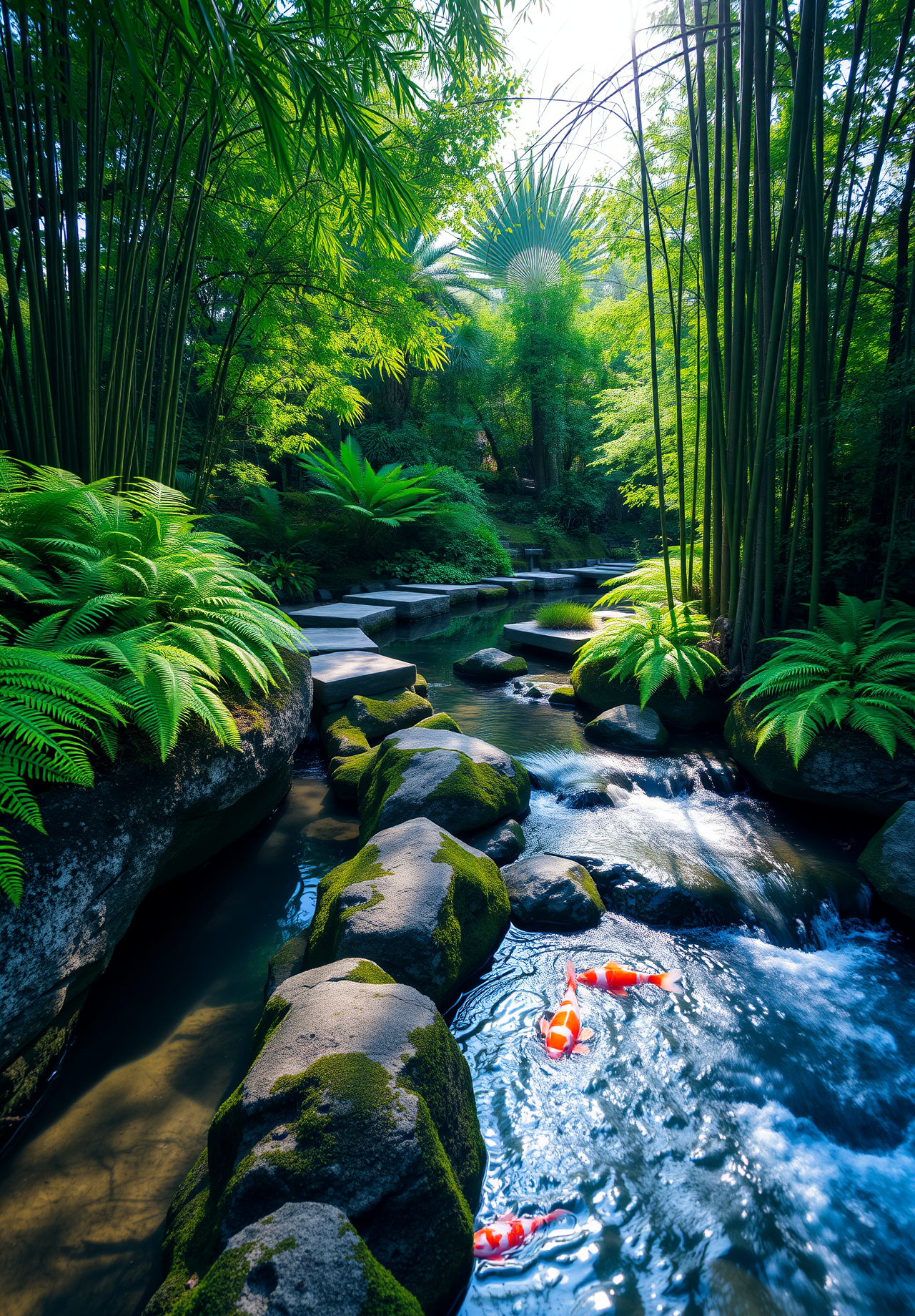 A winding stream flows through a lush green forest with a stone bridge spanning the stream. Red koi fish swim in the water. - wallpaper image