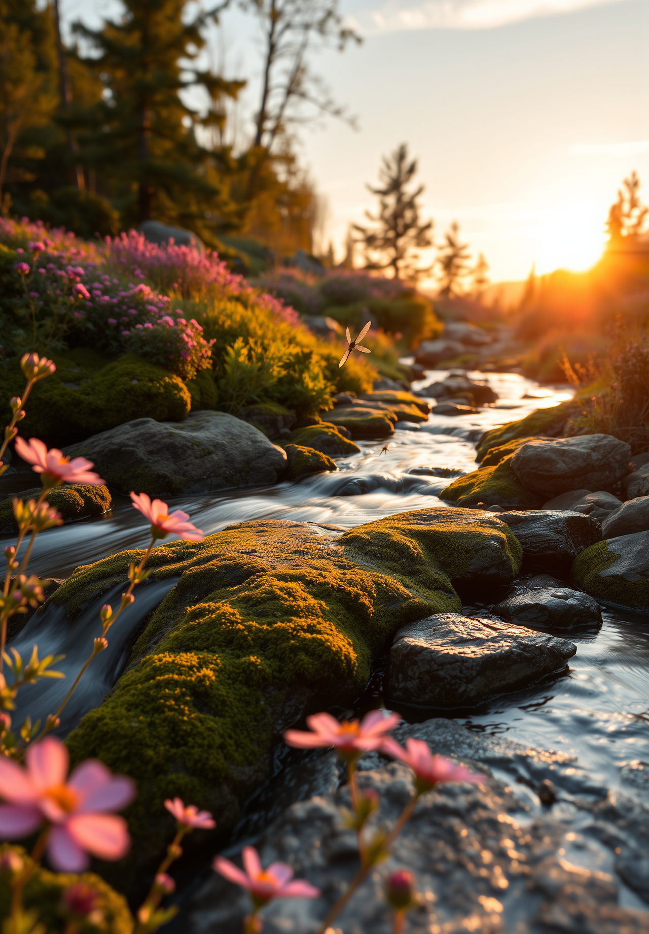 The setting sun casts its golden light on a stream, the water is clear and the stones are covered with moss, pink flowers bloom by the stream. - wallpaper image