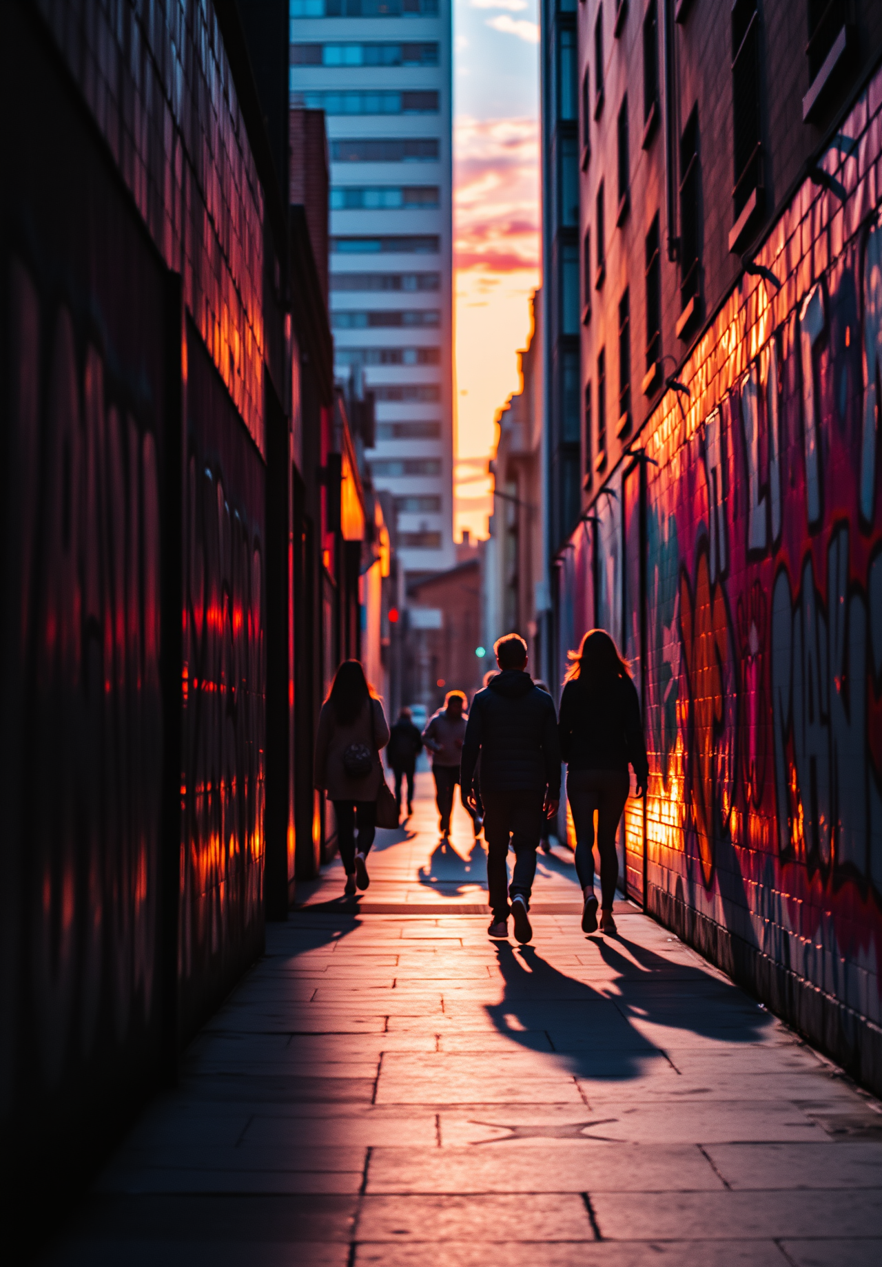 A group of people walk down a narrow street, tall buildings line the sides of the street, the setting sun shines on the buildings, creating a beautiful scenery. - wallpaper image