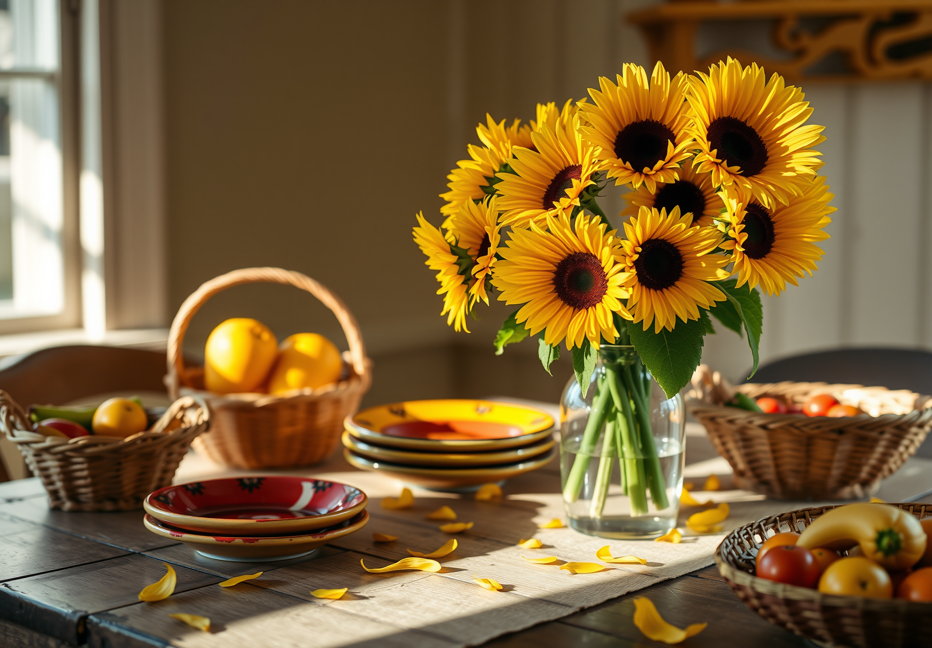 A table setting with vibrant sunflowers, fruits, plates and baskets. Sunlight shines on the table, creating a warm and comfortable atmosphere. - wallpaper image