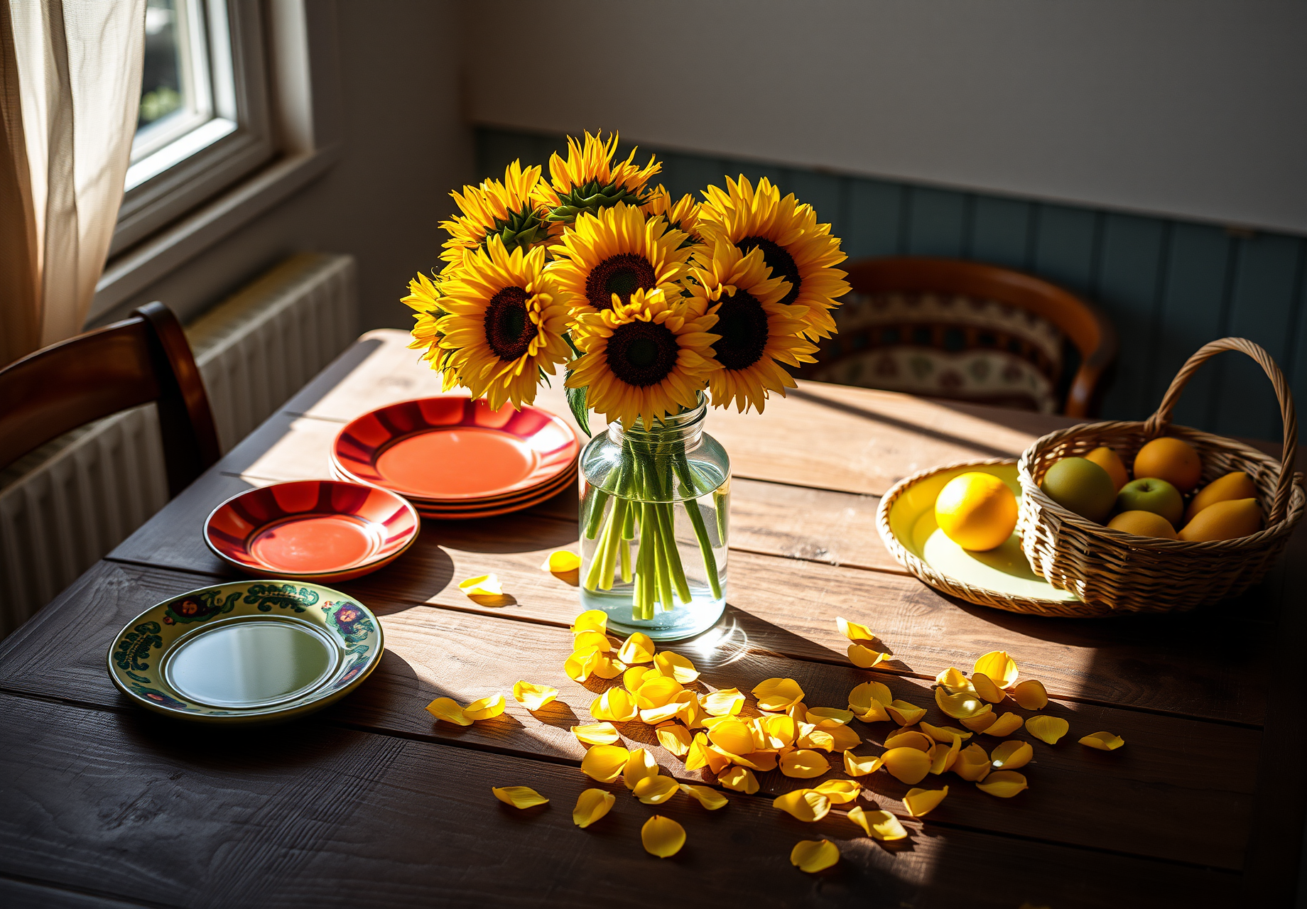 A wooden table with some plates, a vase full of sunflowers, some sunflower petals on the table, and a basket with fruit. - wallpaper image