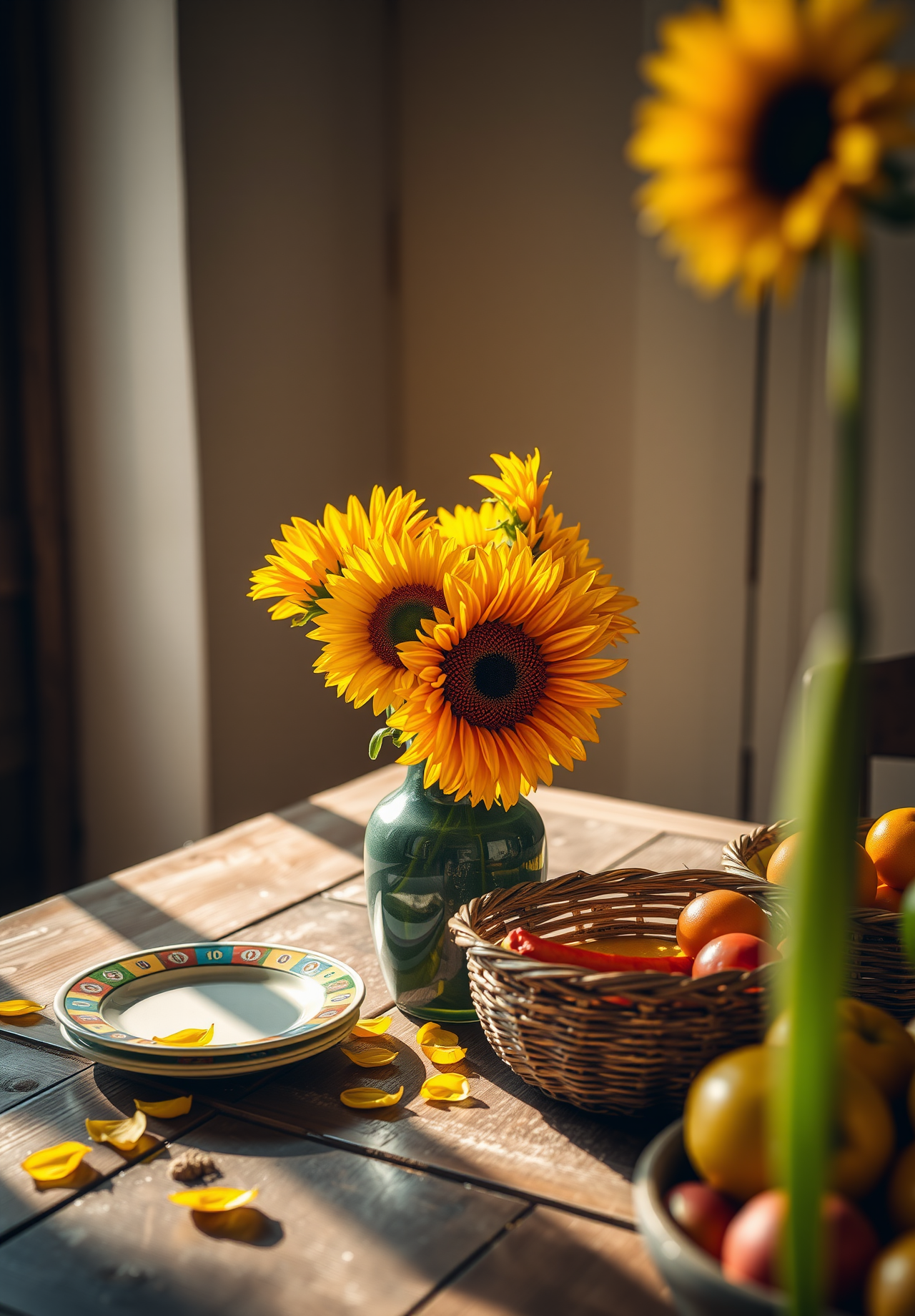 A wooden table with some fruits, a vase of sunflowers, and sunlight shining on the table. - wallpaper image