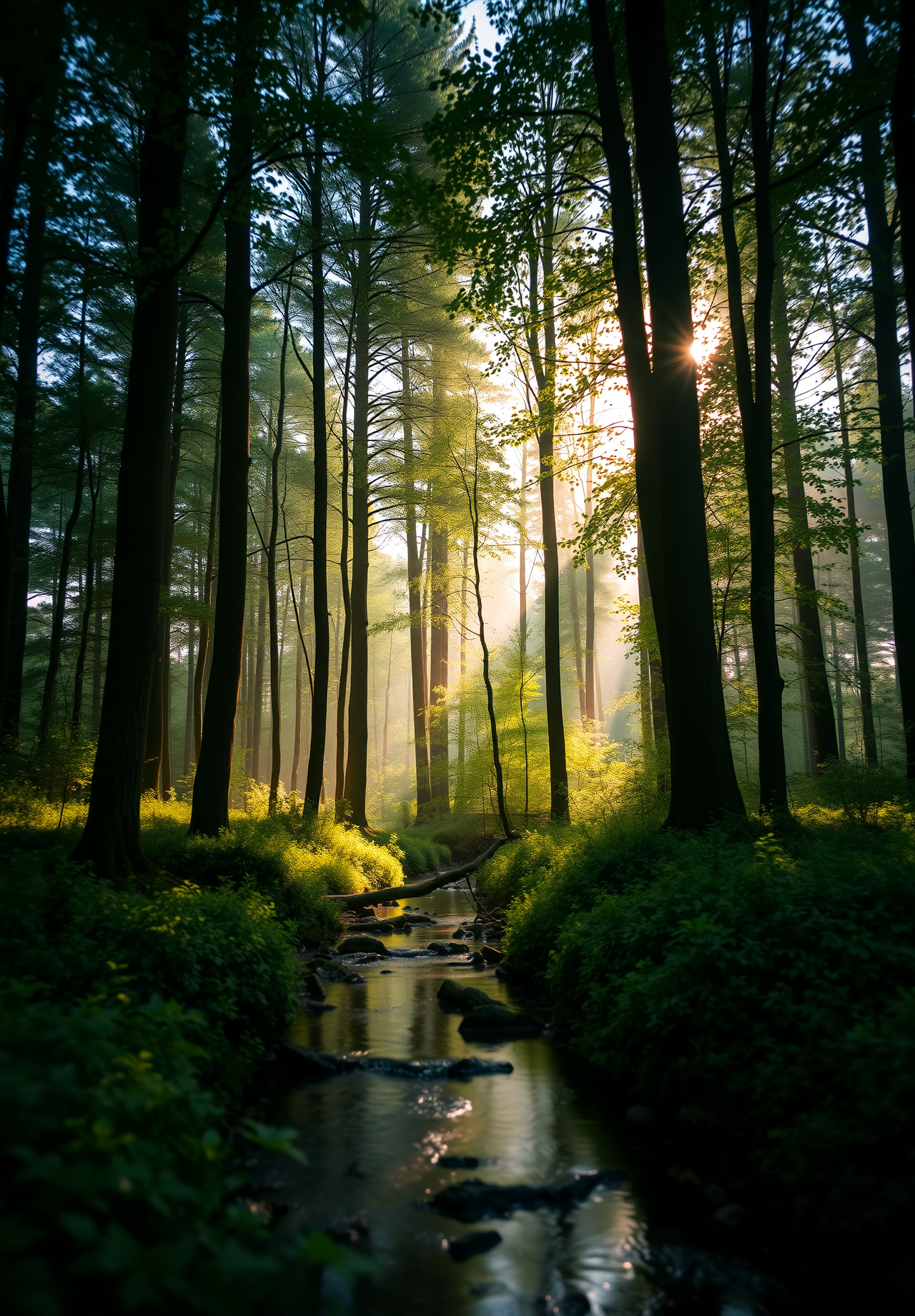 Sunlight streams through the forest, illuminating the creek and creating beams of light, while the shadows of the trees cover the banks of the creek. - wallpaper image