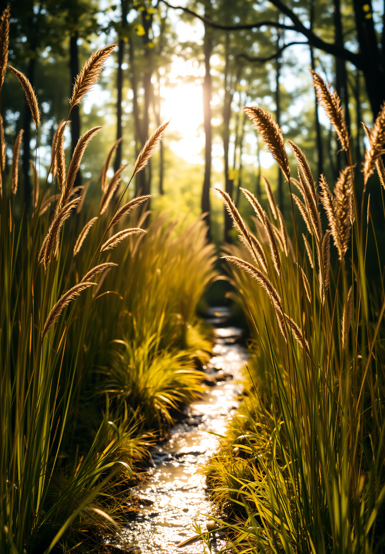 Sunlight shines through the trees, illuminating a small creek in the grass, the water glistens in the sun. - wallpaper image