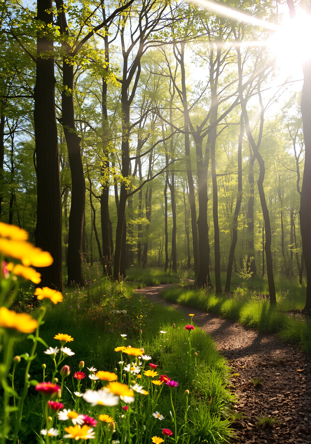 Sunlight shines through the forest, illuminating a dirt path leading into the depths of the forest, with wildflowers blooming on either side. - wallpaper image