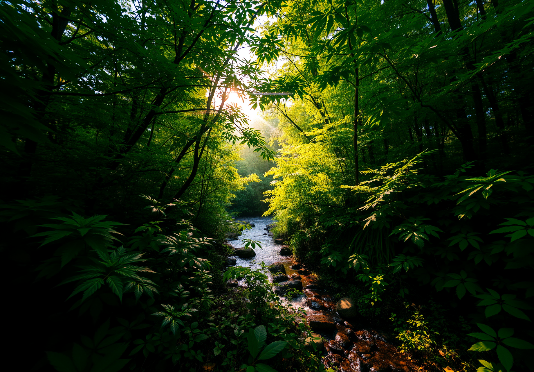 Sunlight shines through the leaves, illuminating a winding stream, the water flows over smooth stones, surrounded by lush forests. - wallpaper image