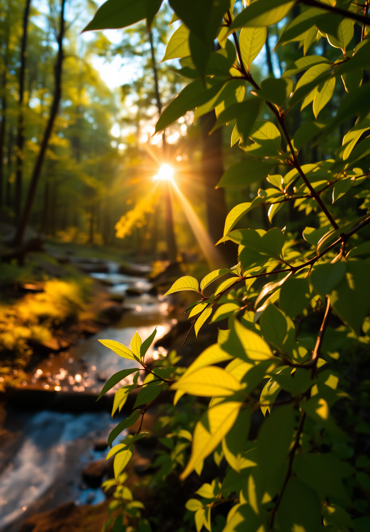 Sunlight shines through the leaves, illuminating the small stream in the forest, the picture is full of tranquility and beauty. - wallpaper image