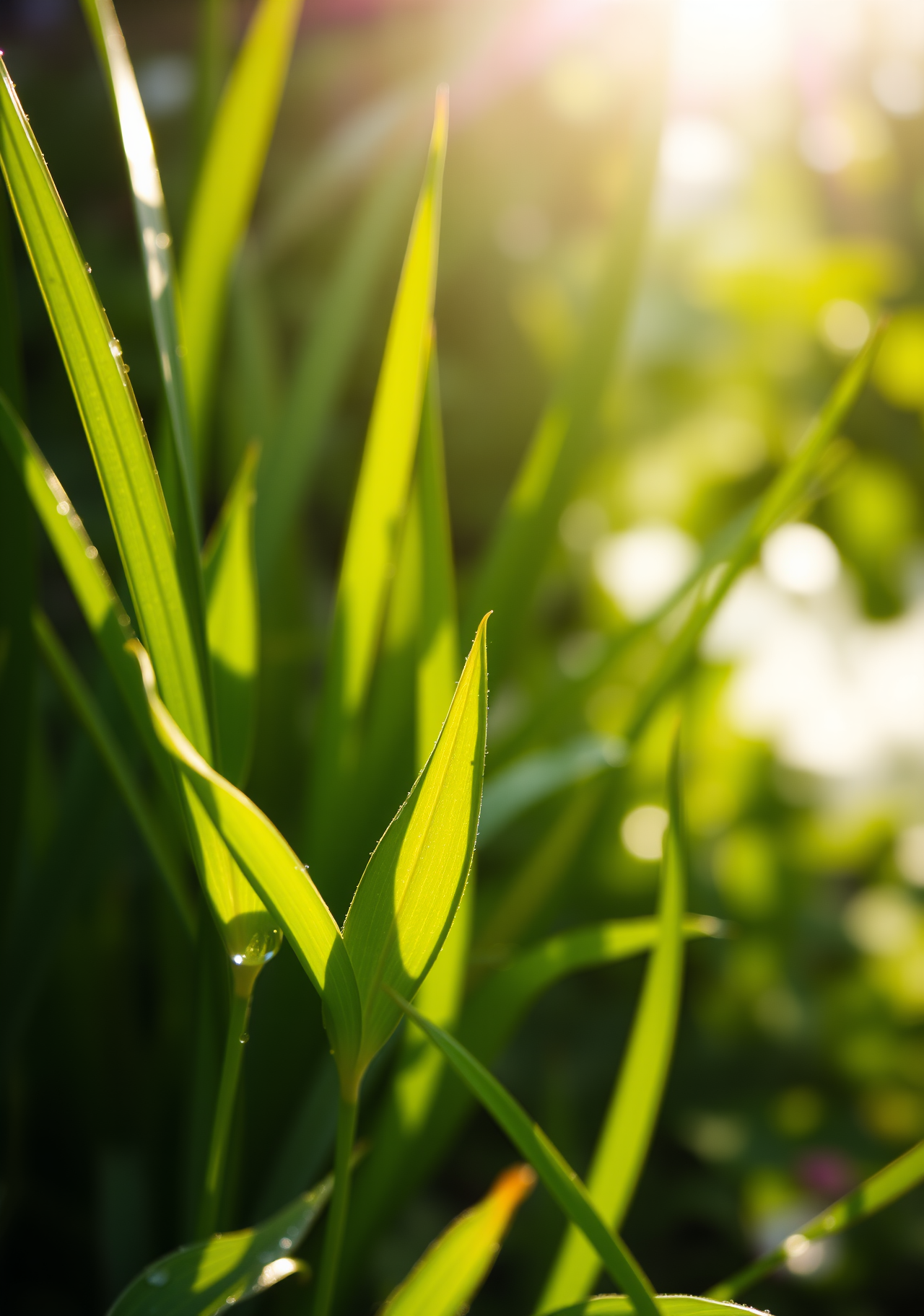 Sunlight shines through green grass leaves, leaving light spots on the leaves. - wallpaper image