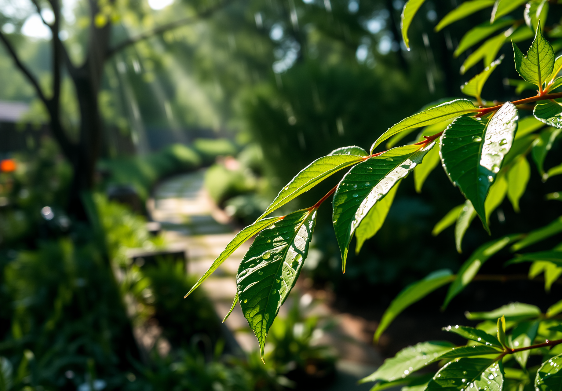 Sunlight shines on green leaves after the rain, with crystal clear water drops sparkling. - wallpaper image