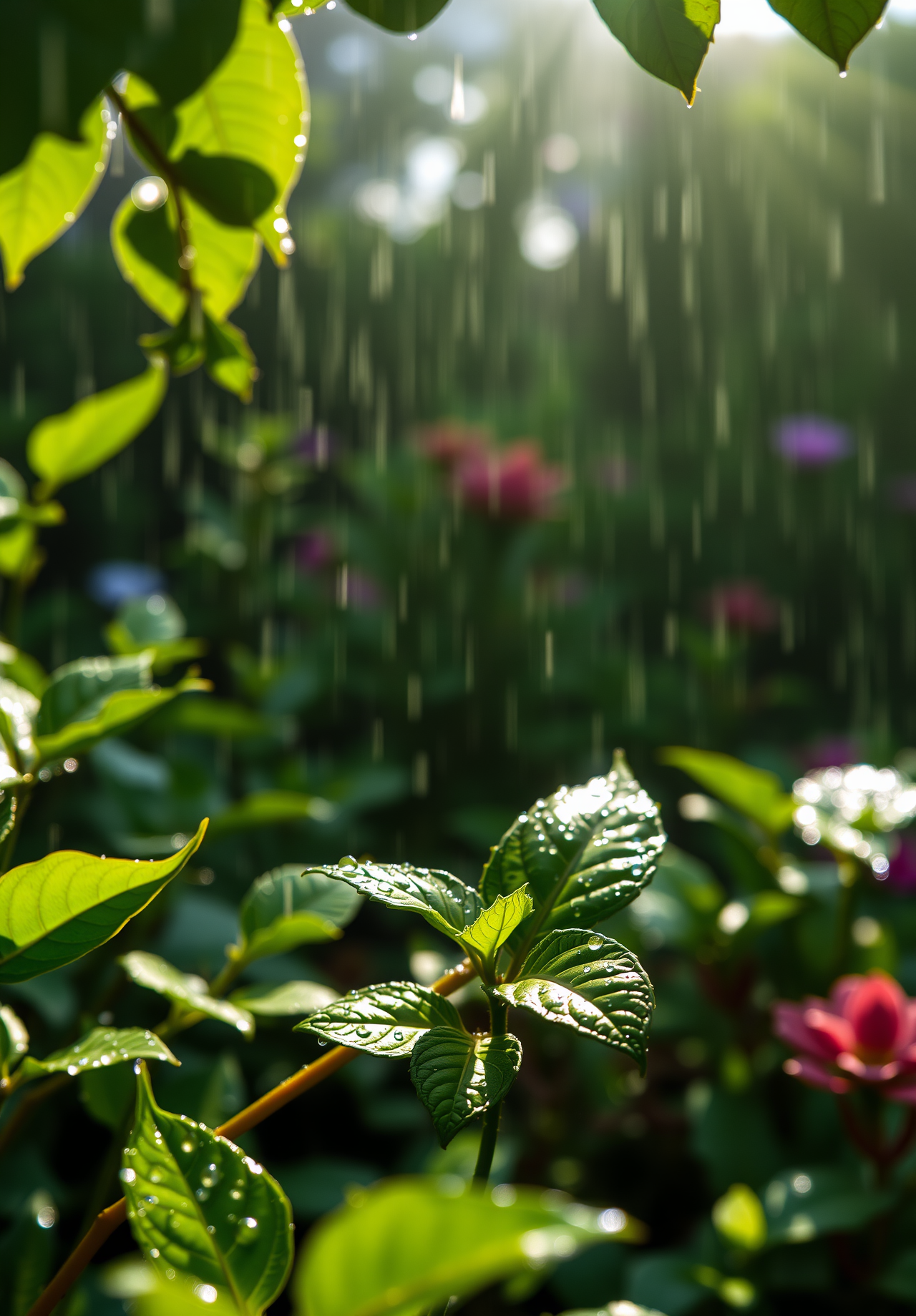 Sunlight shines on green leaves after rain, water drops glitter. - wallpaper image