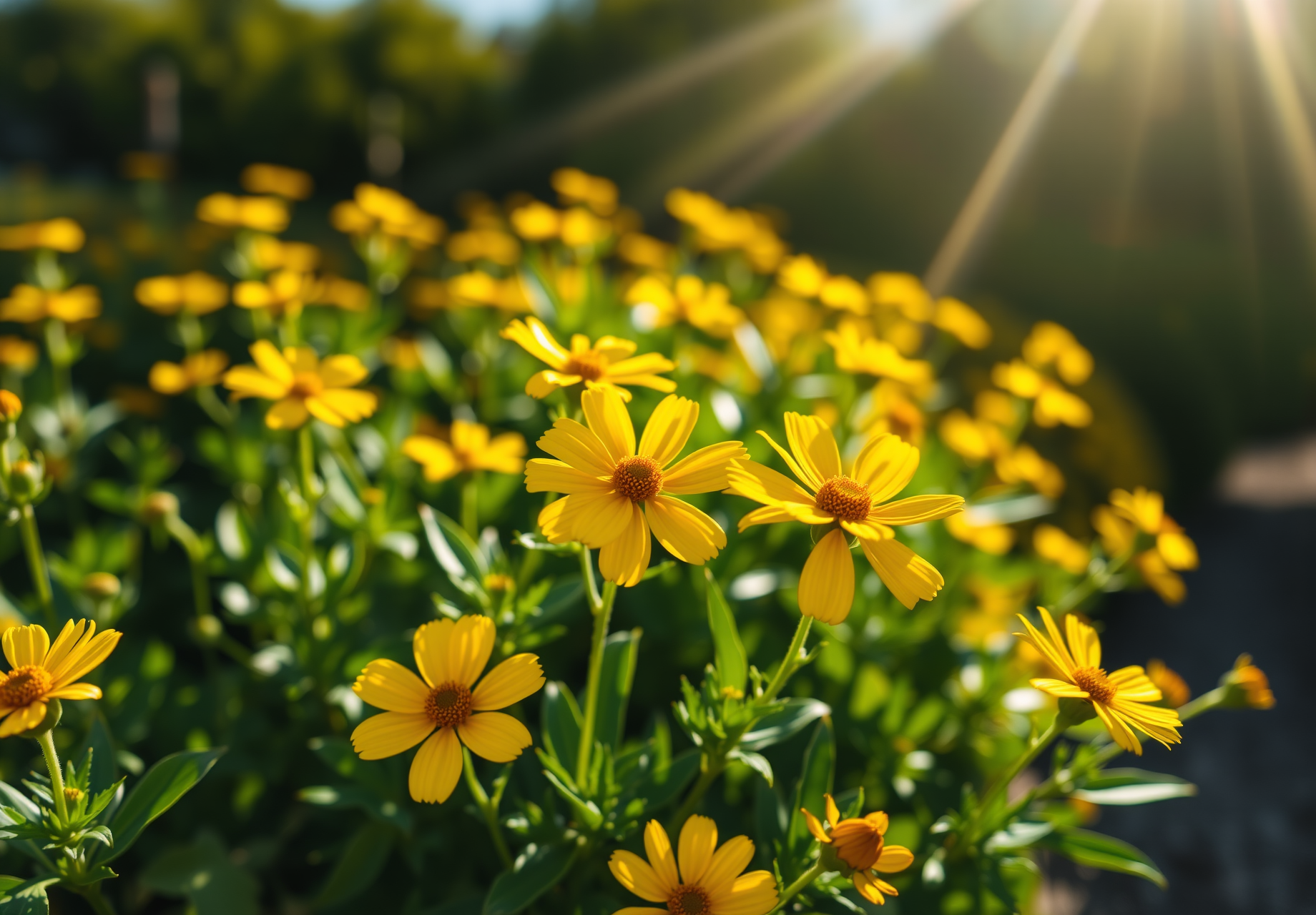 Sunlight shines through leaves onto a field of yellow wildflowers, the petals are bright and the green leaves provide a beautiful backdrop, full of life and vitality. - wallpaper image