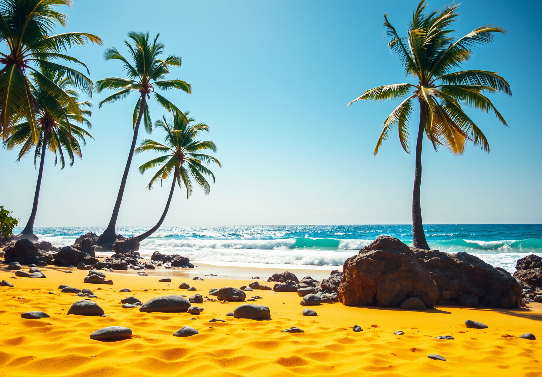 A sunny beach with several coconut trees growing by the sea, the beach is covered with golden sand, and the distant sea is sparkling. - wallpaper image