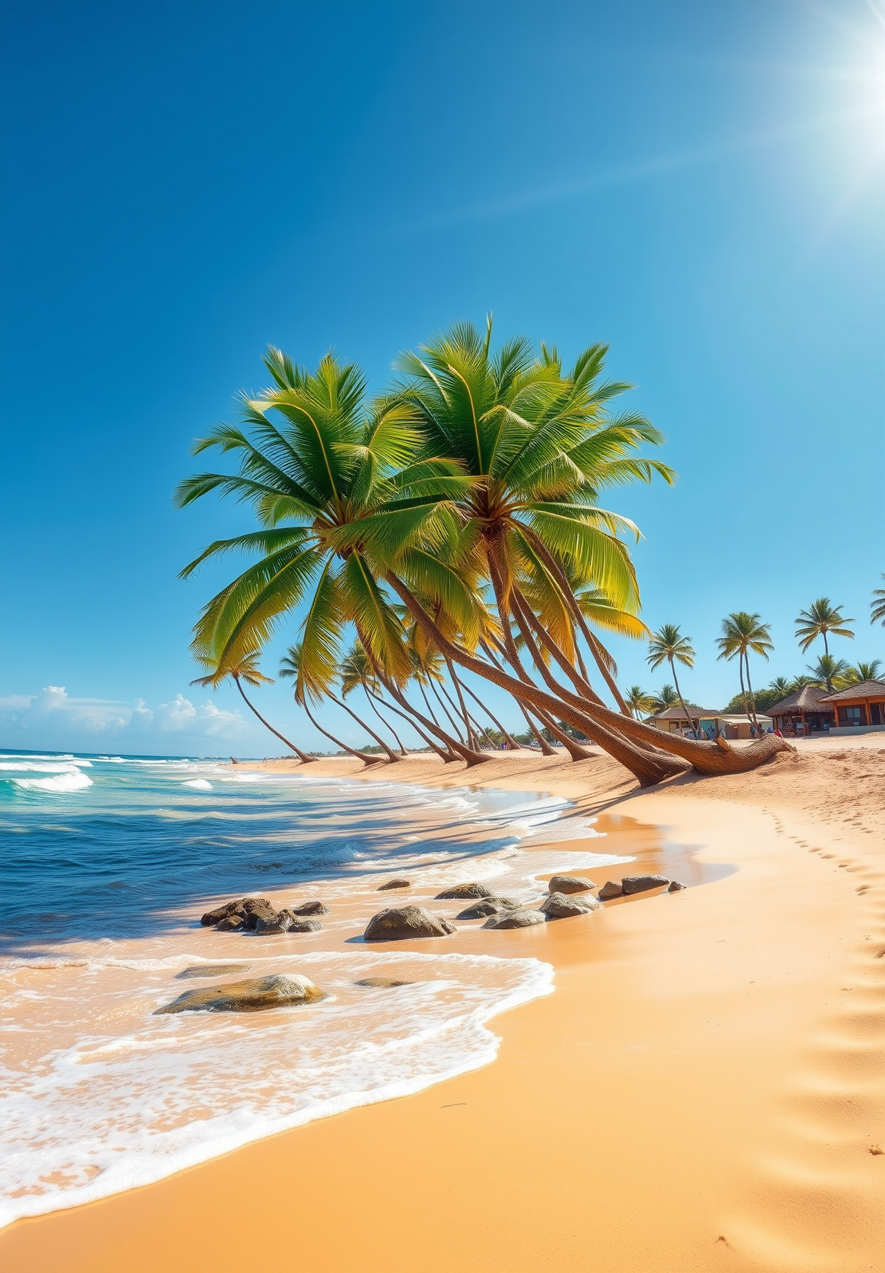 A sunny beach with several coconut trees lined up on the beach, the branches all tilted towards the sea, the sea is clear and blue. - wallpaper image