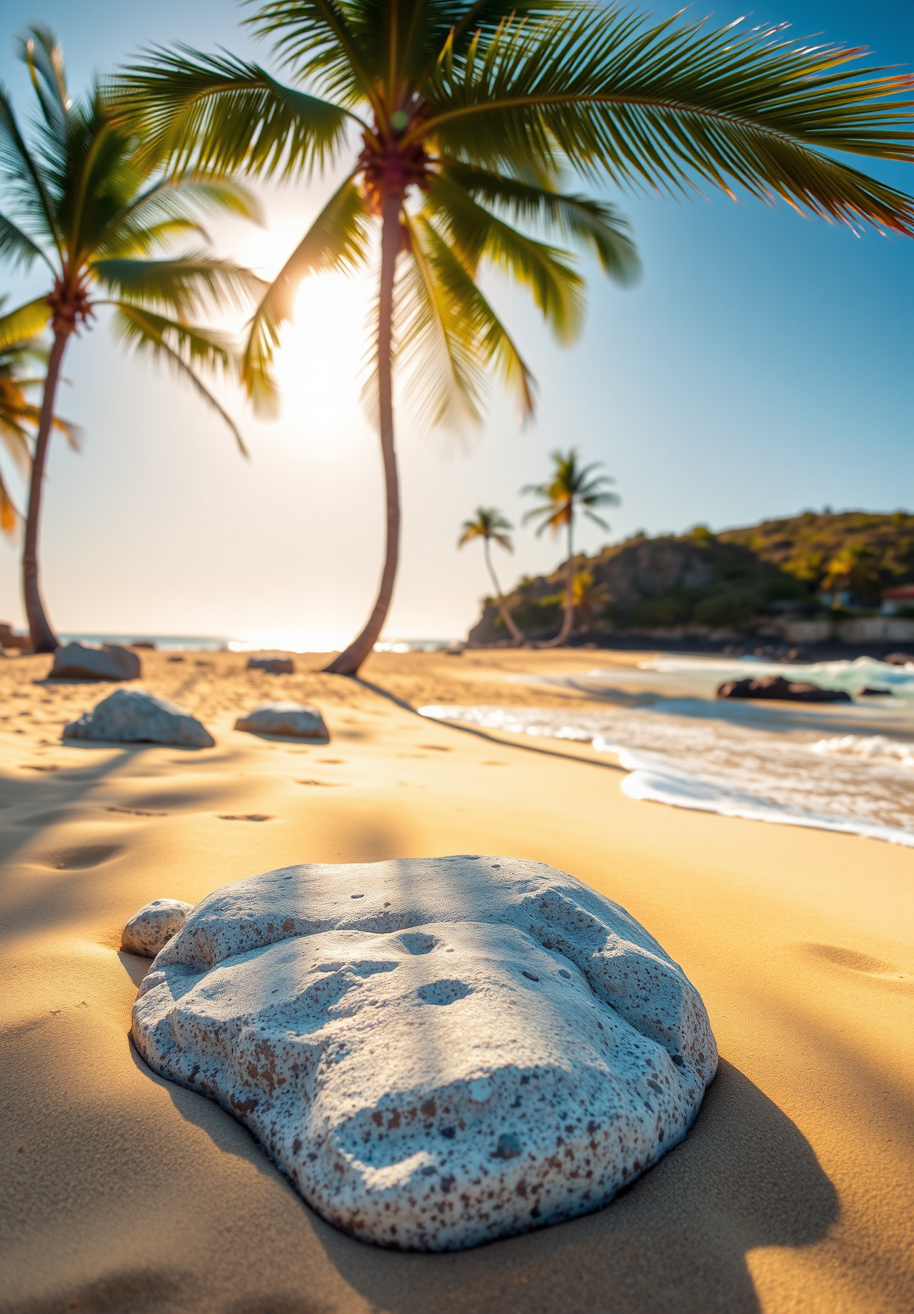 A palm tree trunk and leaves block the sun on a sunny beach, with a white stone underneath. - wallpaper image